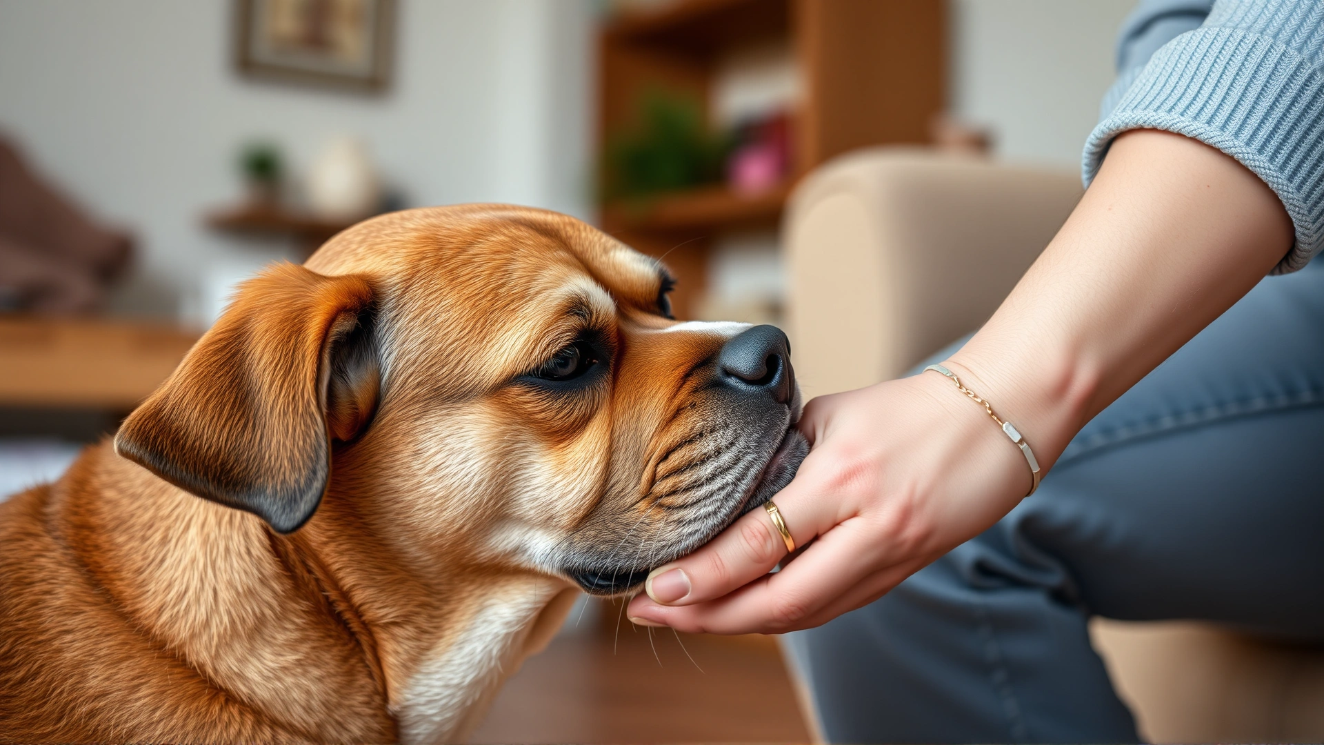 Close-up of a caring owner gently touching their dog’s paw while the dog looks slightly uncomfortable; warm, soft-focus indoor scene