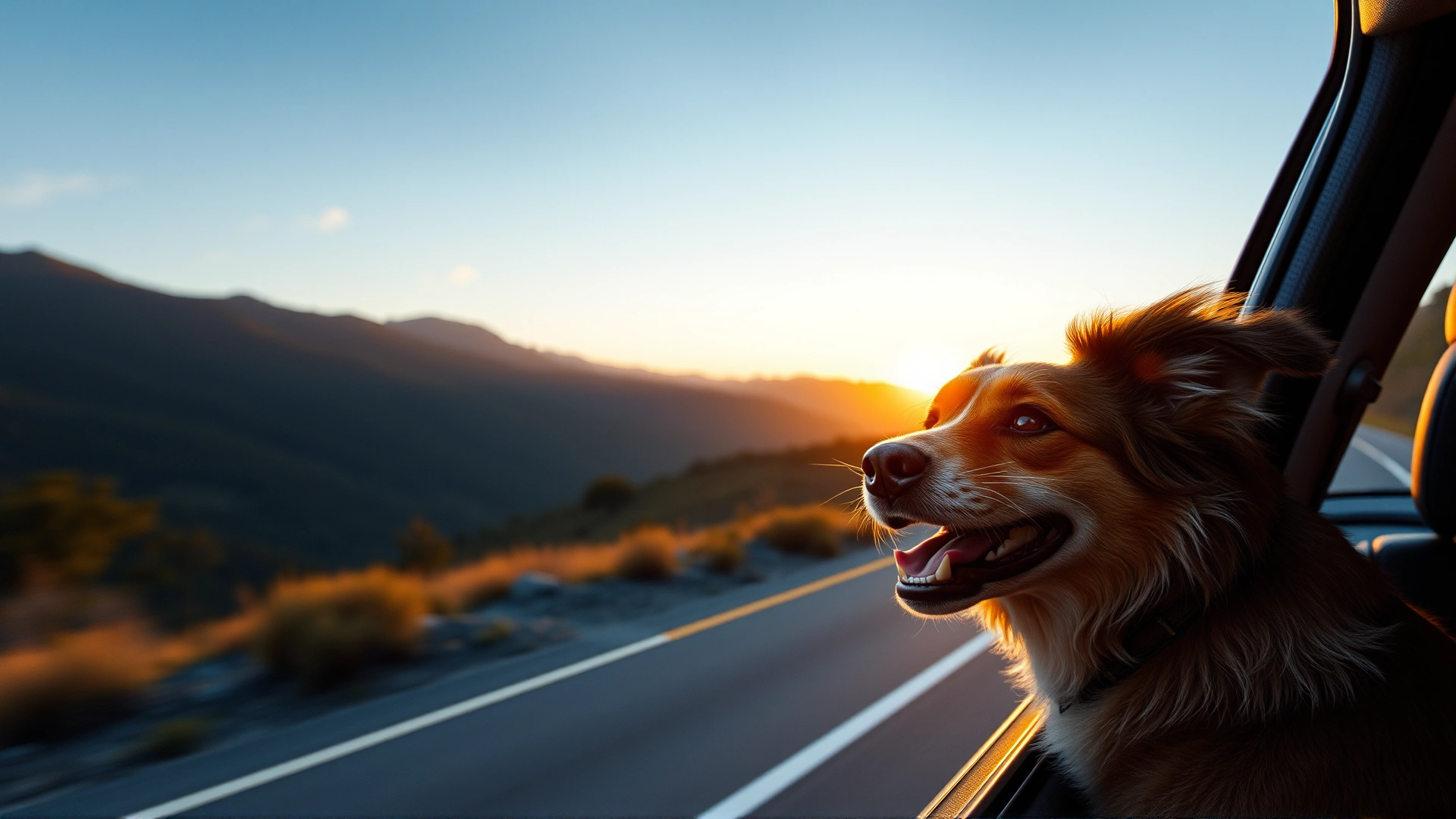 Dog peeking out of a car window on a scenic mountain road during golden sunset, wind in its fur, joyful expression