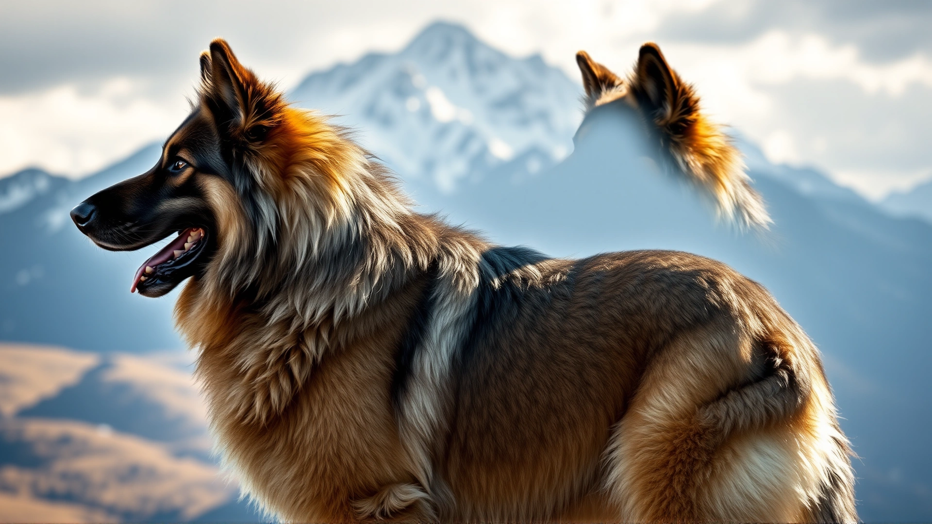 A powerful Caucasian Shepherd Dog in profile with a dramatic mountain landscape in the background, conveying the breed's strength and origin. Backlighting accentuates the thick fur.