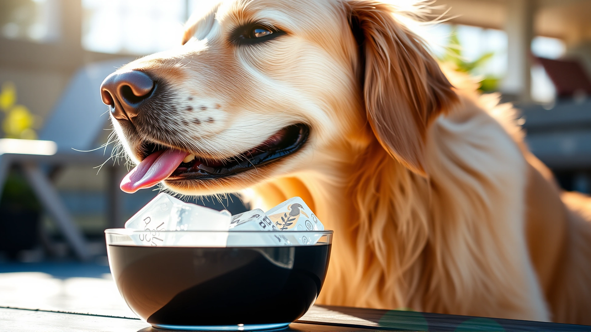 Close-up of a golden retriever enjoying a hot summer day with its tongue out and a bowl of ice cubes in front of it, warm sunlight, inviting and energetic