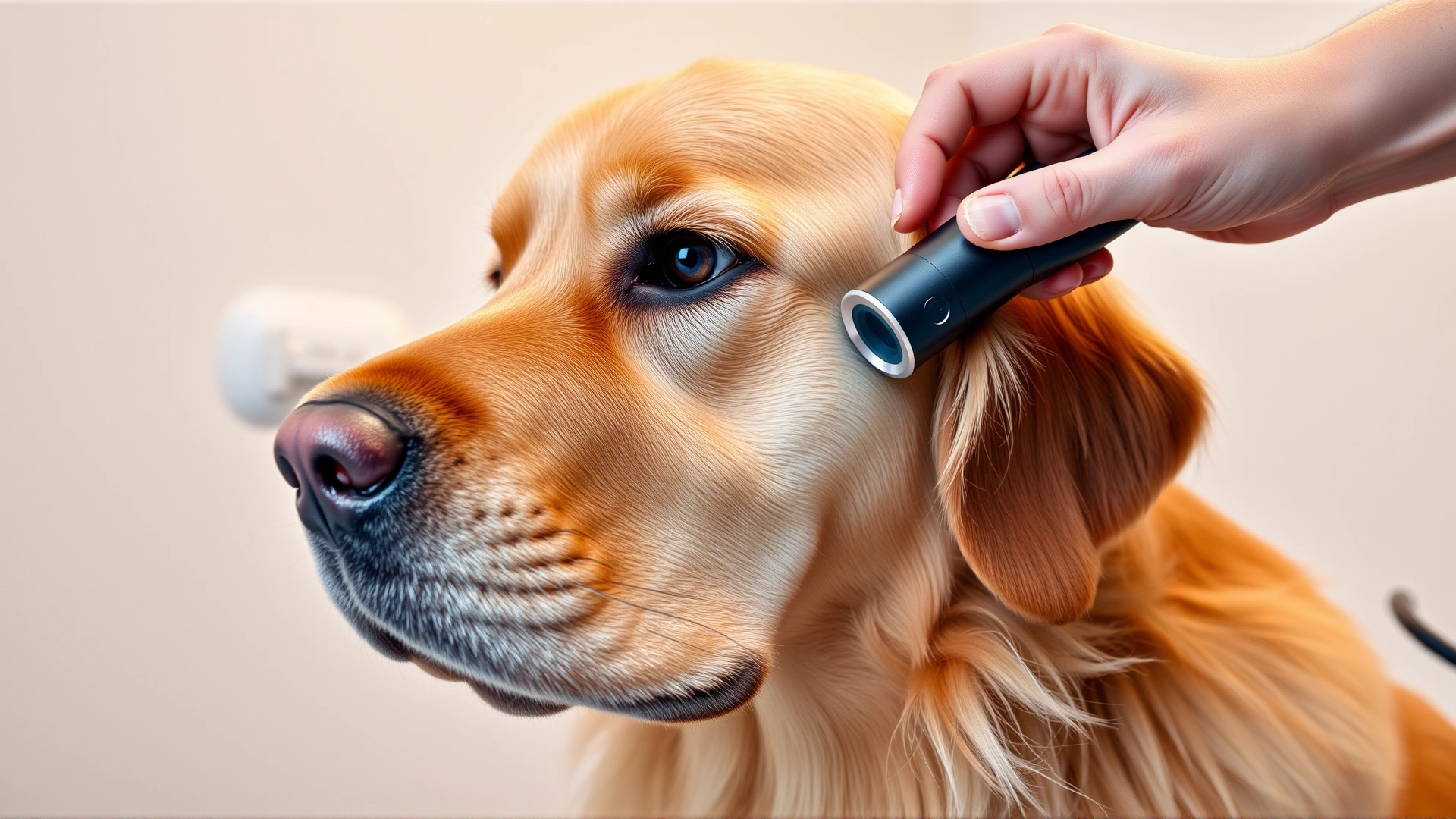 Wide horizontal photo of a golden retriever on an examination table with one eye squinting; veterinarian’s hand approaching with an ophthalmoscope. Soft, clinical lighting.