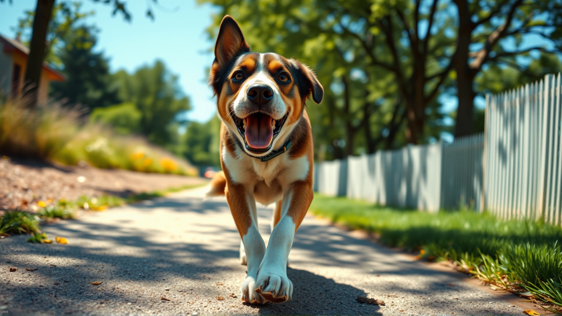Happy dog walking confidently on a sunny path with its paw pads visible, symbolizing healthy paws, wide-angle, bright summer day
