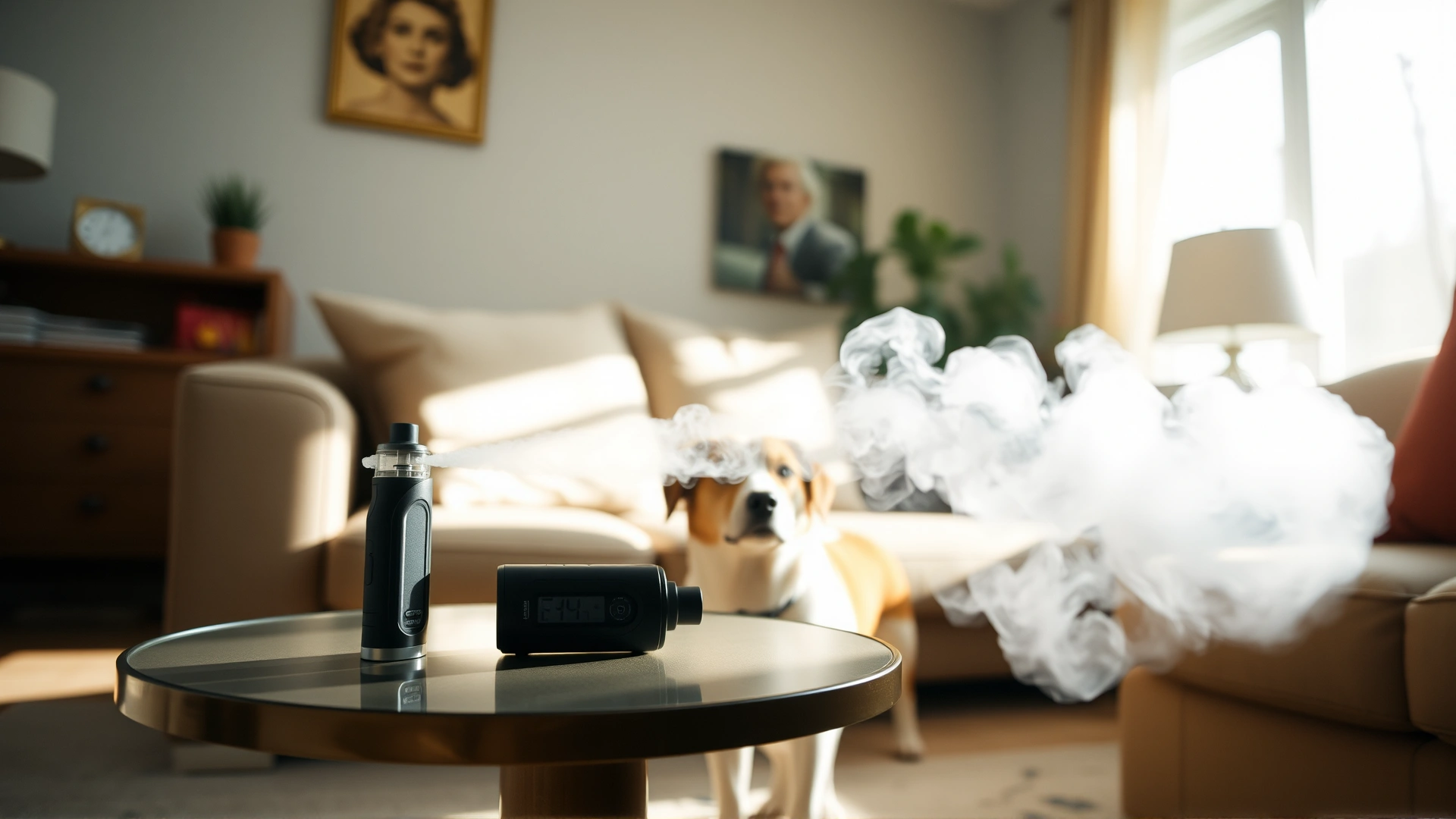 Wide-angle shot of a cozy living room with diffused sunlight, a vape device emitting faint vapor on a side table, and a dog in the background looking toward it with curiosity, no text.