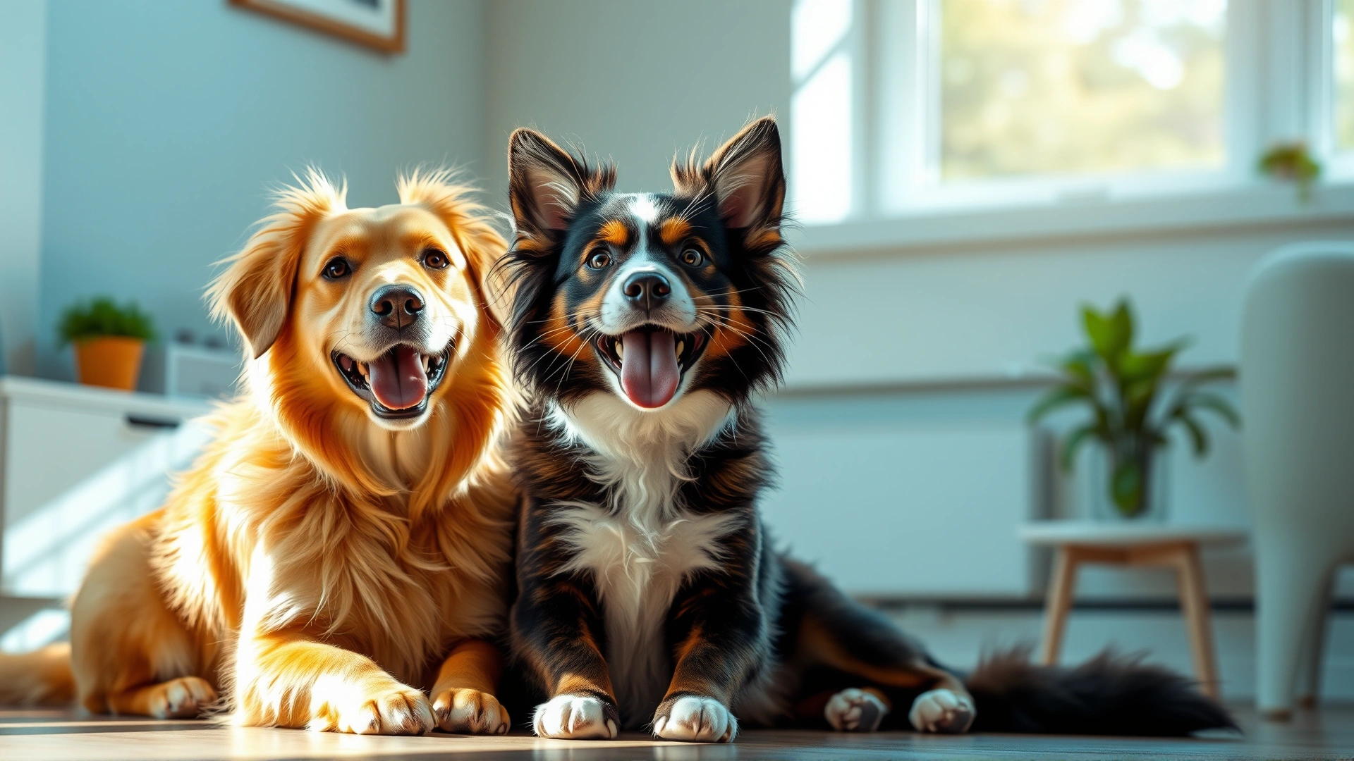 Happy dog and cat sitting together in a bright living room, looking healthy and energetic, sunlight streaming through a window, no text.