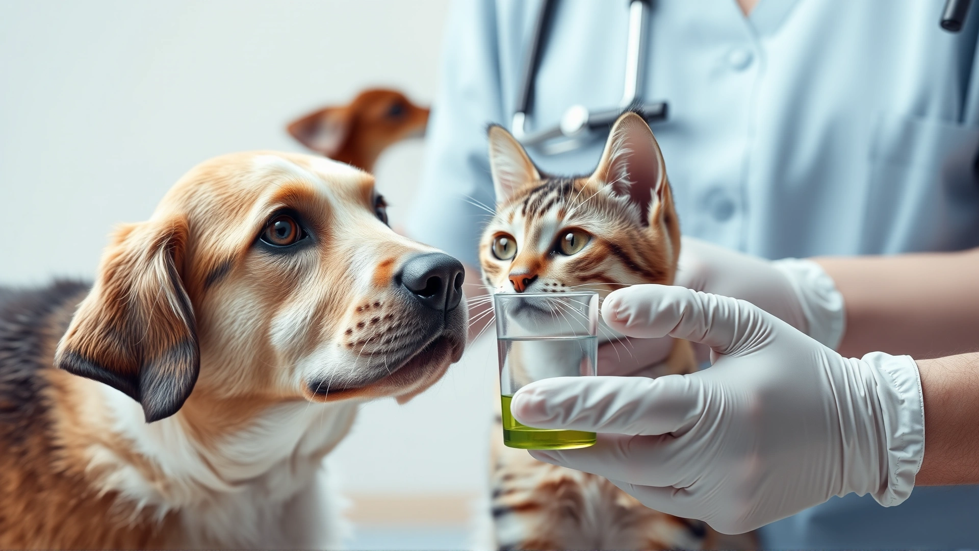 Illustrative shot of a dog and cat looking at a urine sample cup held by a veterinarian wearing gloves, clinical setting