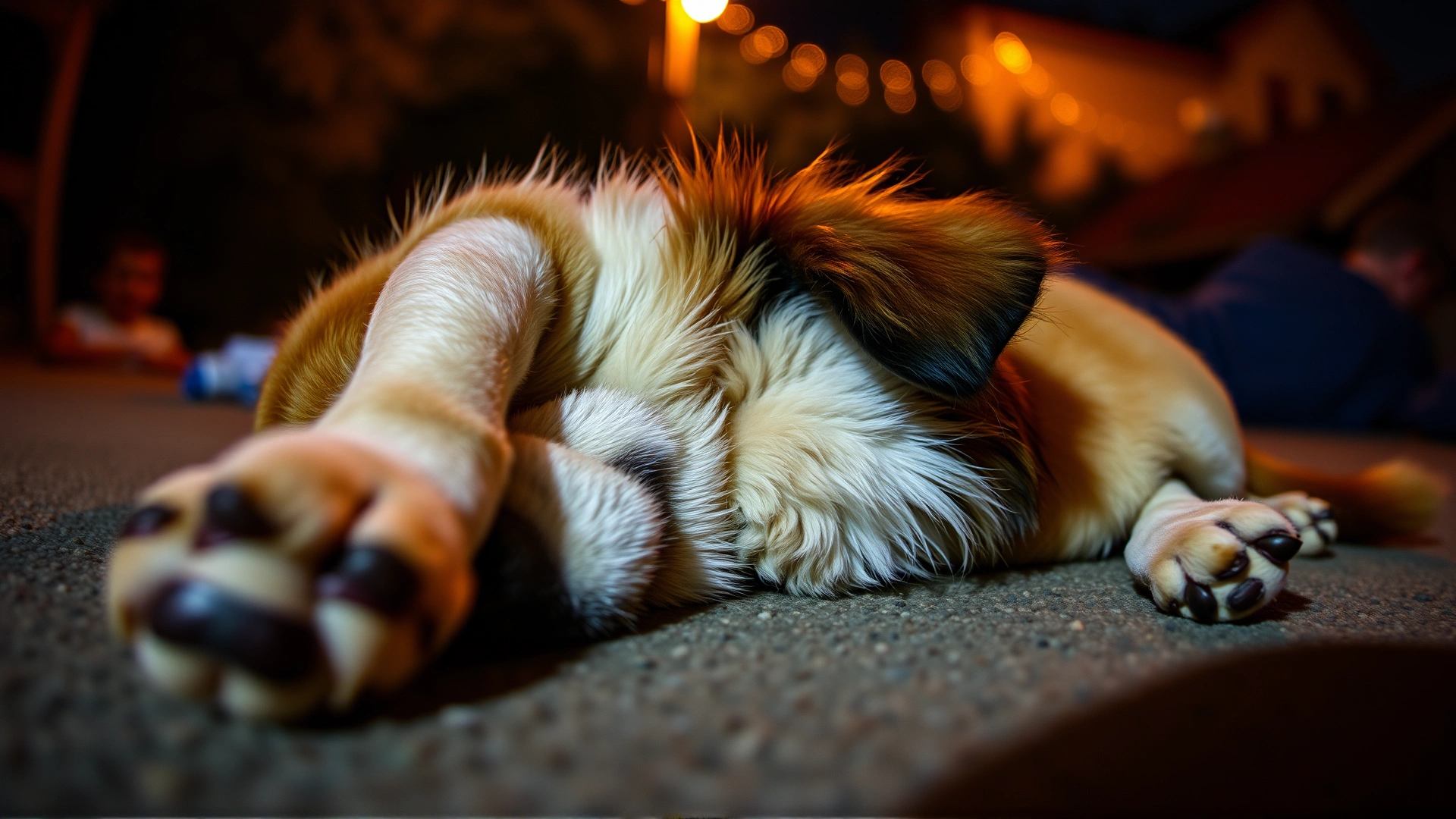 Wide-angle photo of a relaxed dog sleeping soundly on its back with paws slightly twitching, taken at night with warm ambient lighting.