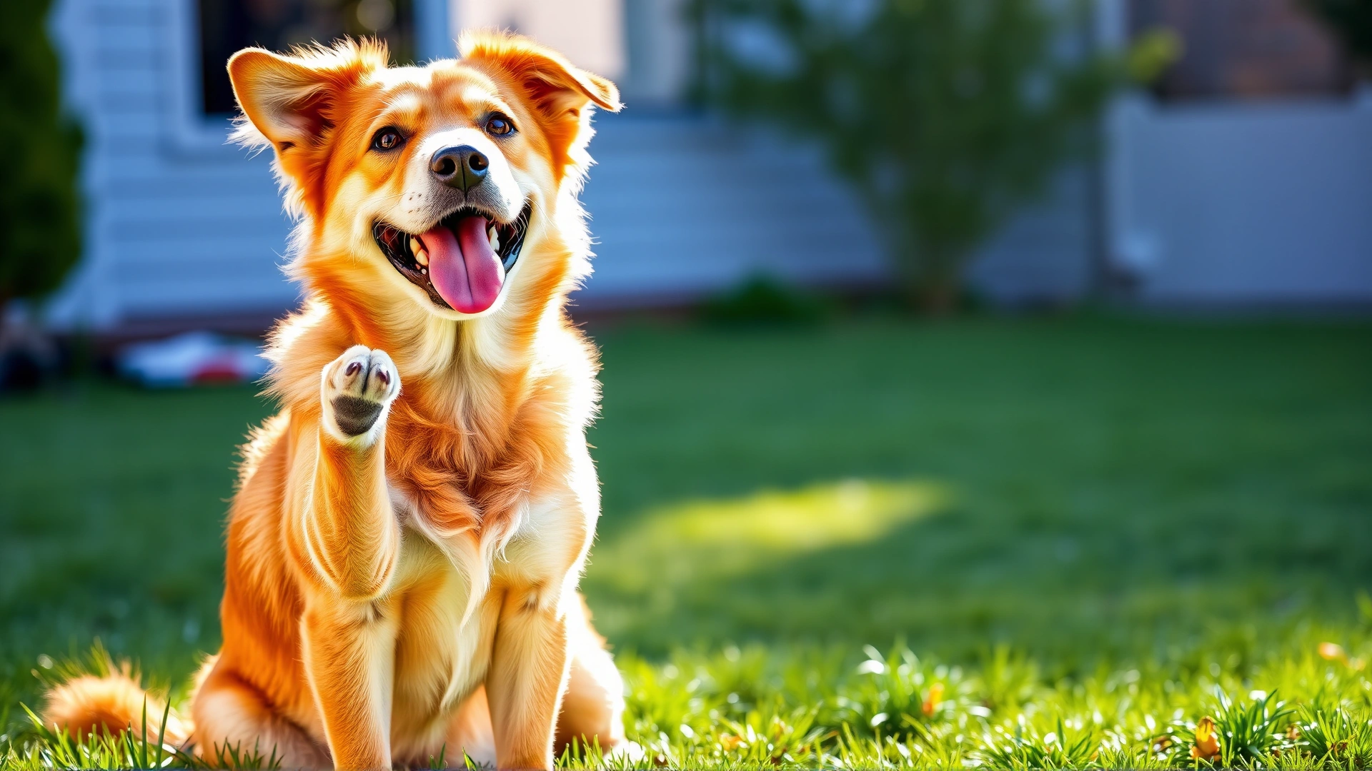 Happy medium-sized dog seated on a lawn, looking at camera with one paw lifted, bright sunny day, space for text on top