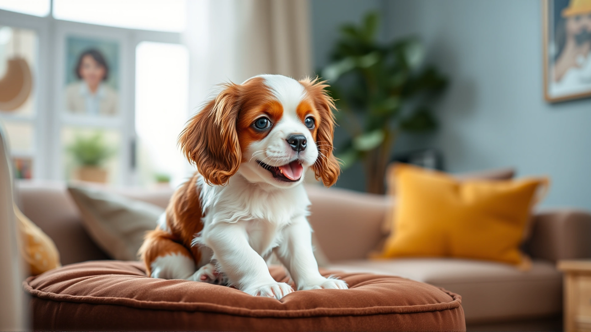 Close-up of a cheerful Cavalier King Charles Spaniel puppy sitting on a velvet cushion in a softly lit living room