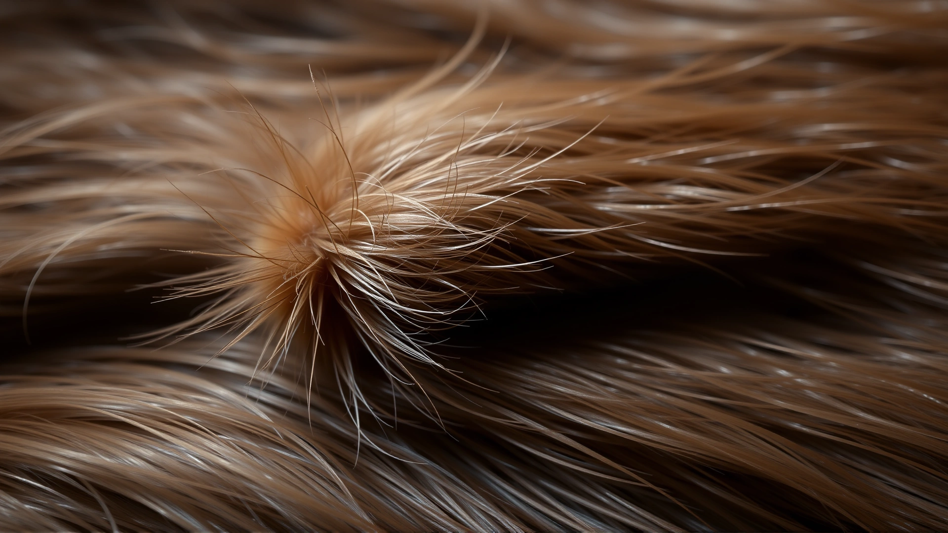 Extreme close-up of a severely matted clump of fur on a long-haired dog’s coat, high detail to illustrate the problem clearly