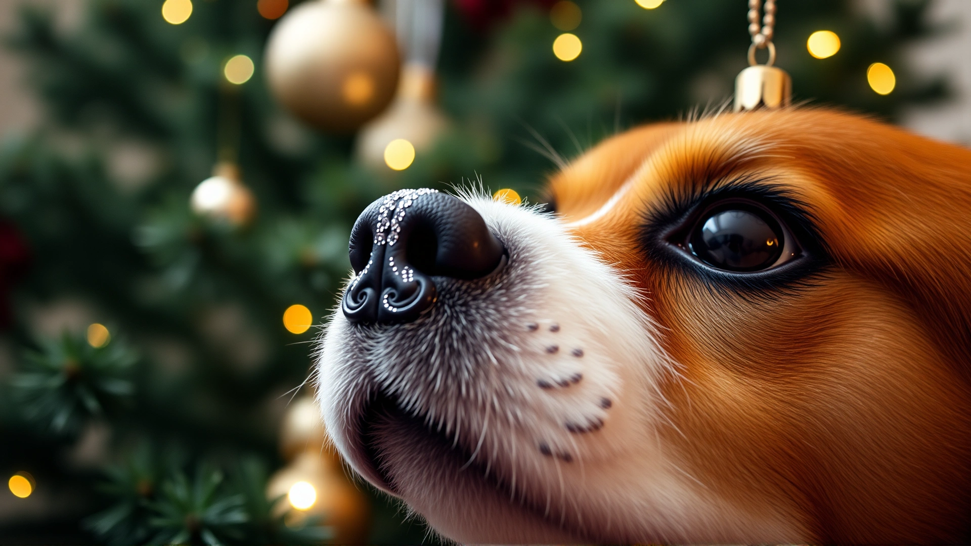 Close-up of a decorated Christmas tree with twinkling lights in the background and a curious dog nose sniffing an ornament in the foreground, shallow depth of field.