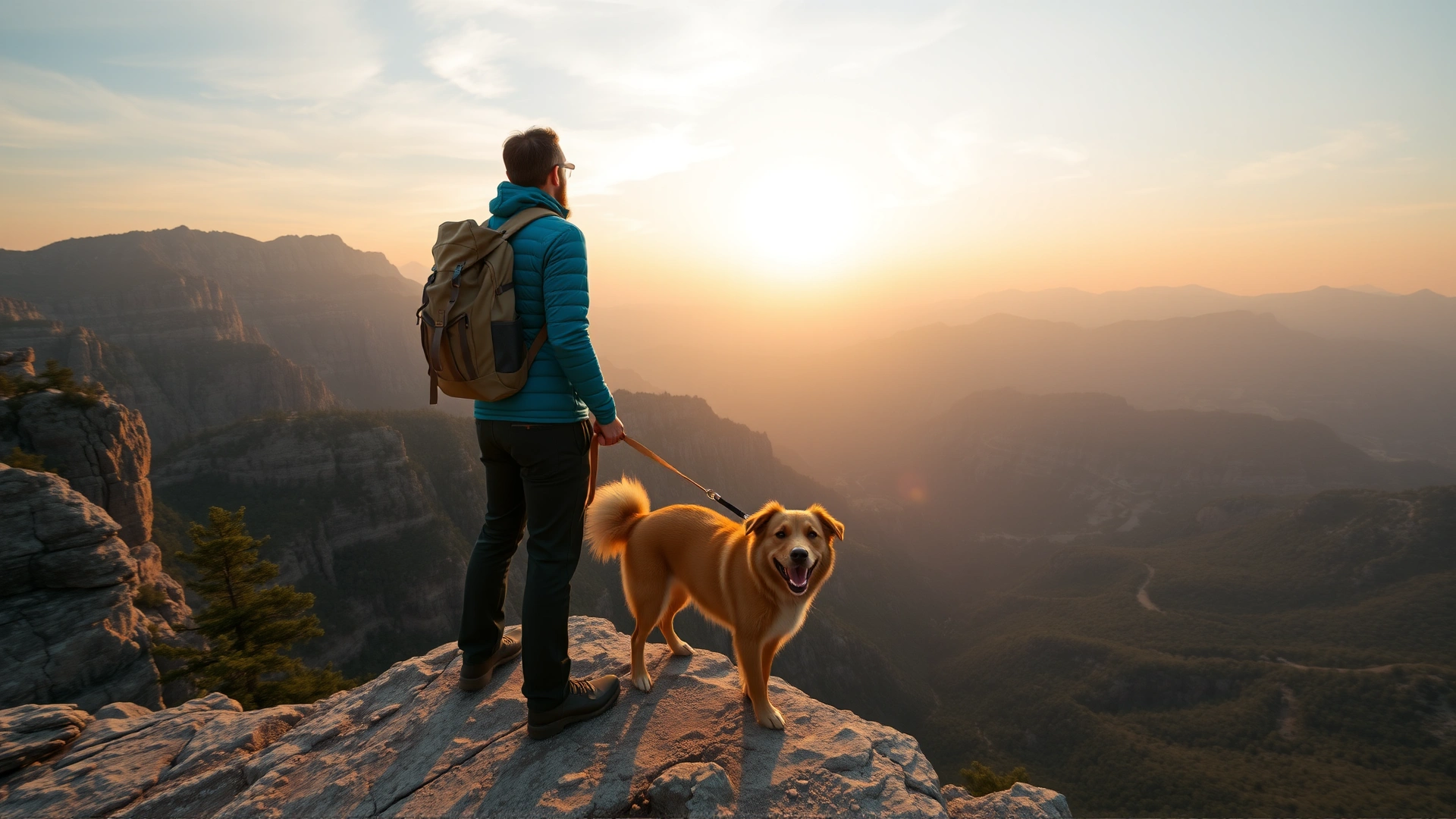 Wide-angle shot of a hiker standing on a cliff edge overlooking a vast national park valley at sunrise, holding a leash attached to a happy medium-sized dog.