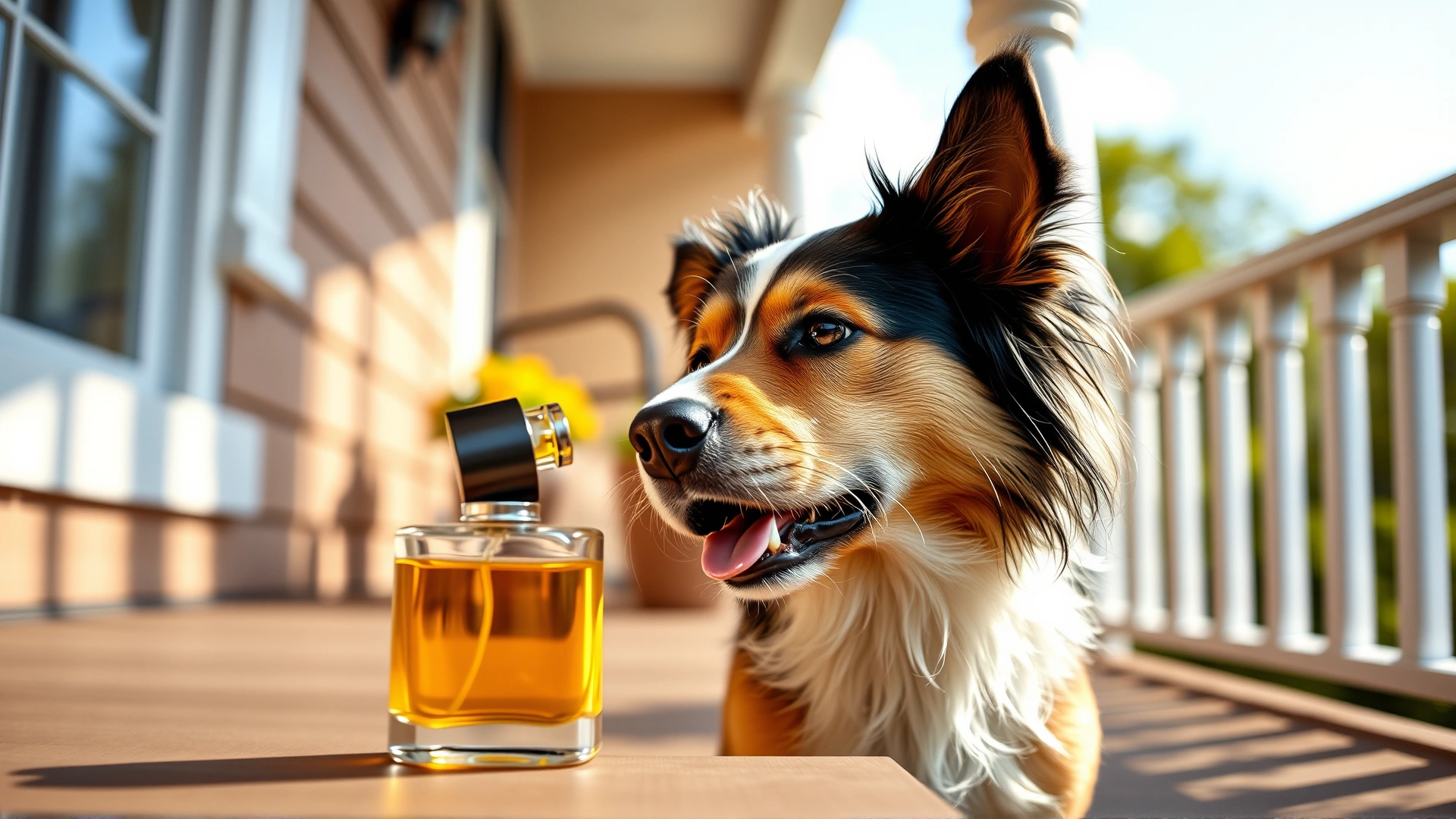 Playful dog sniffing a perfume bottle on a sunny porch, conveying curiosity about fragrance.