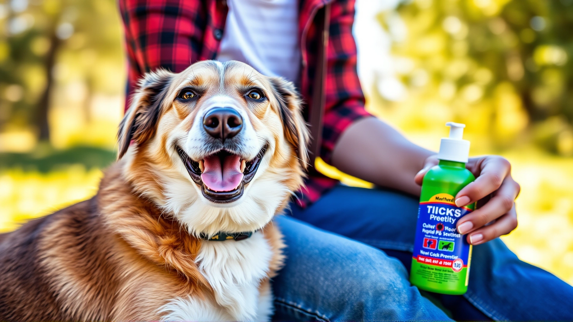 Happy dog sitting outdoors next to its owner who is holding a tick-prevention product, bright sunny background, vibrant colors