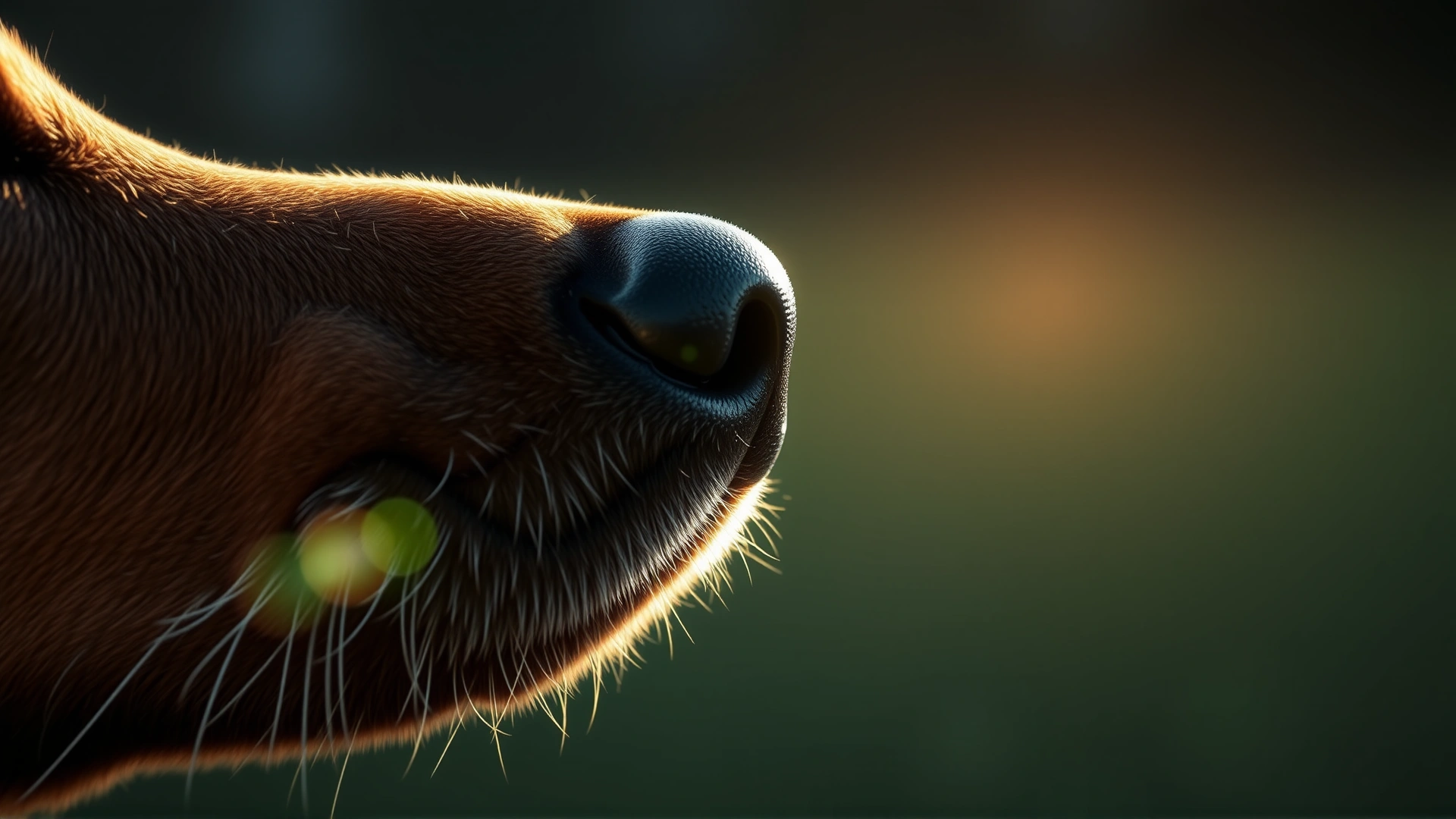 Extreme close-up of a dog's nose sniffing the air with soft backlighting highlighting texture