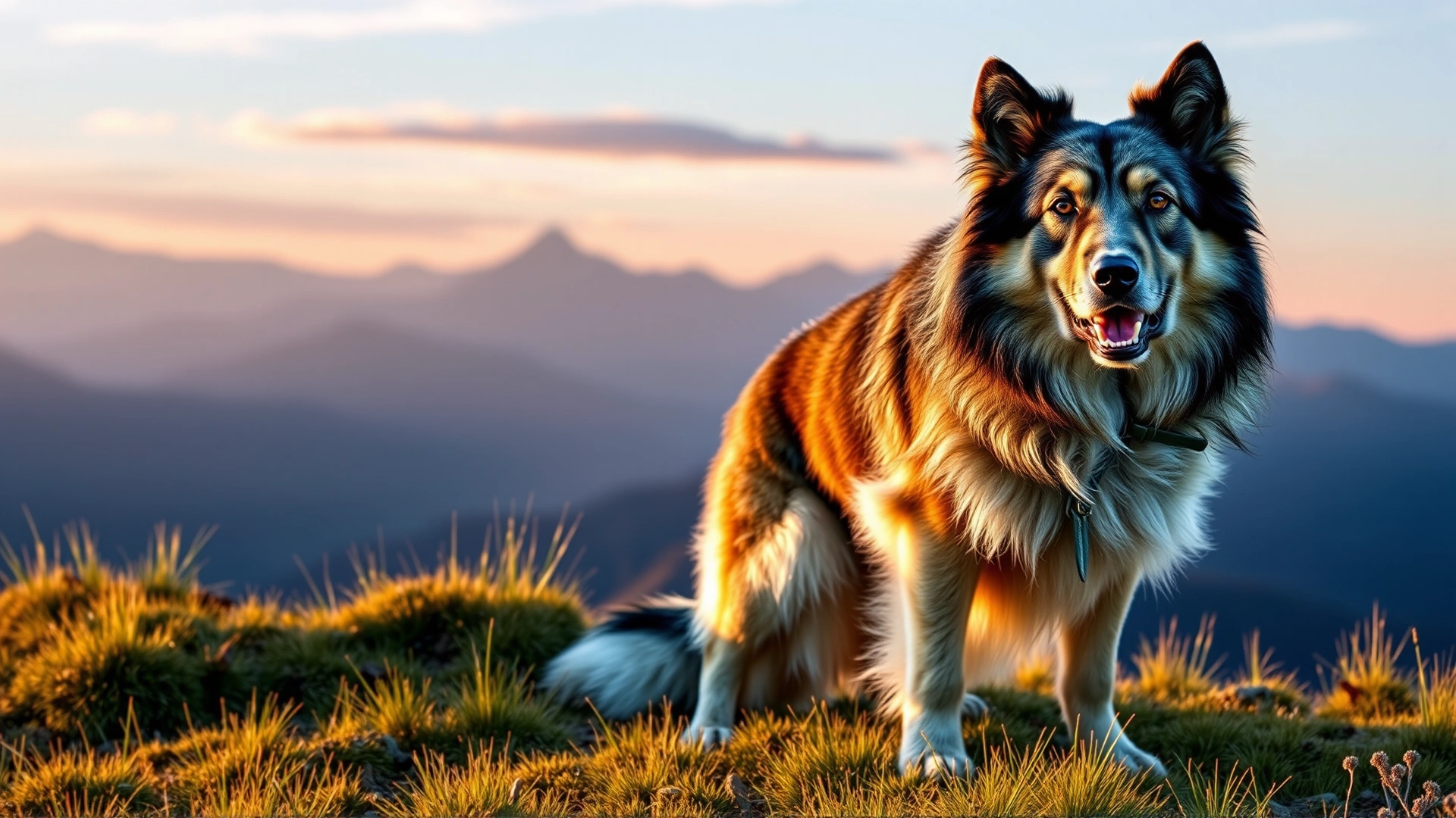 Majestic Central Asian Shepherd Dog on a grassy hill at sunrise with mountains in the background, conveying strength and serenity.