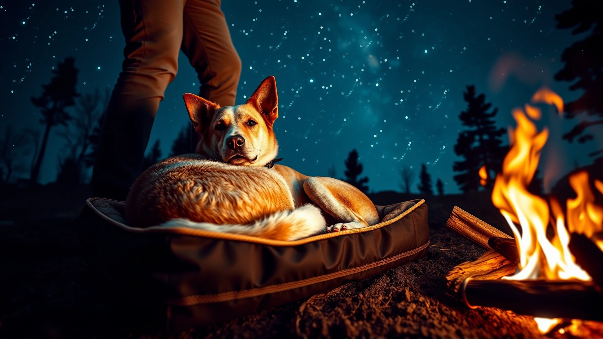 Wide-angle shot of a dog curled up on a travel dog bed beside a campfire with its owner’s legs visible, nighttime sky with stars, cozy atmosphere