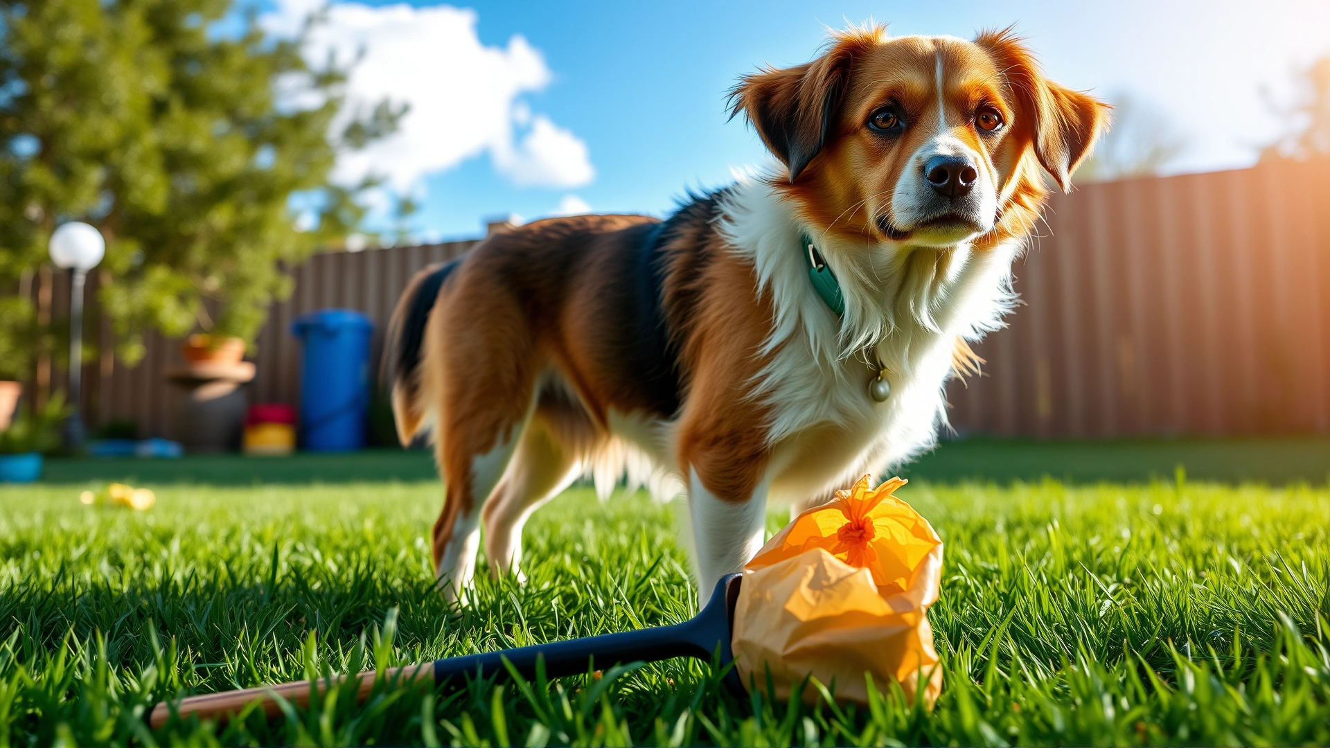 Curious dog standing on green grass with a poop scoop and biodegradable bag in the foreground, sunny backyard setting
