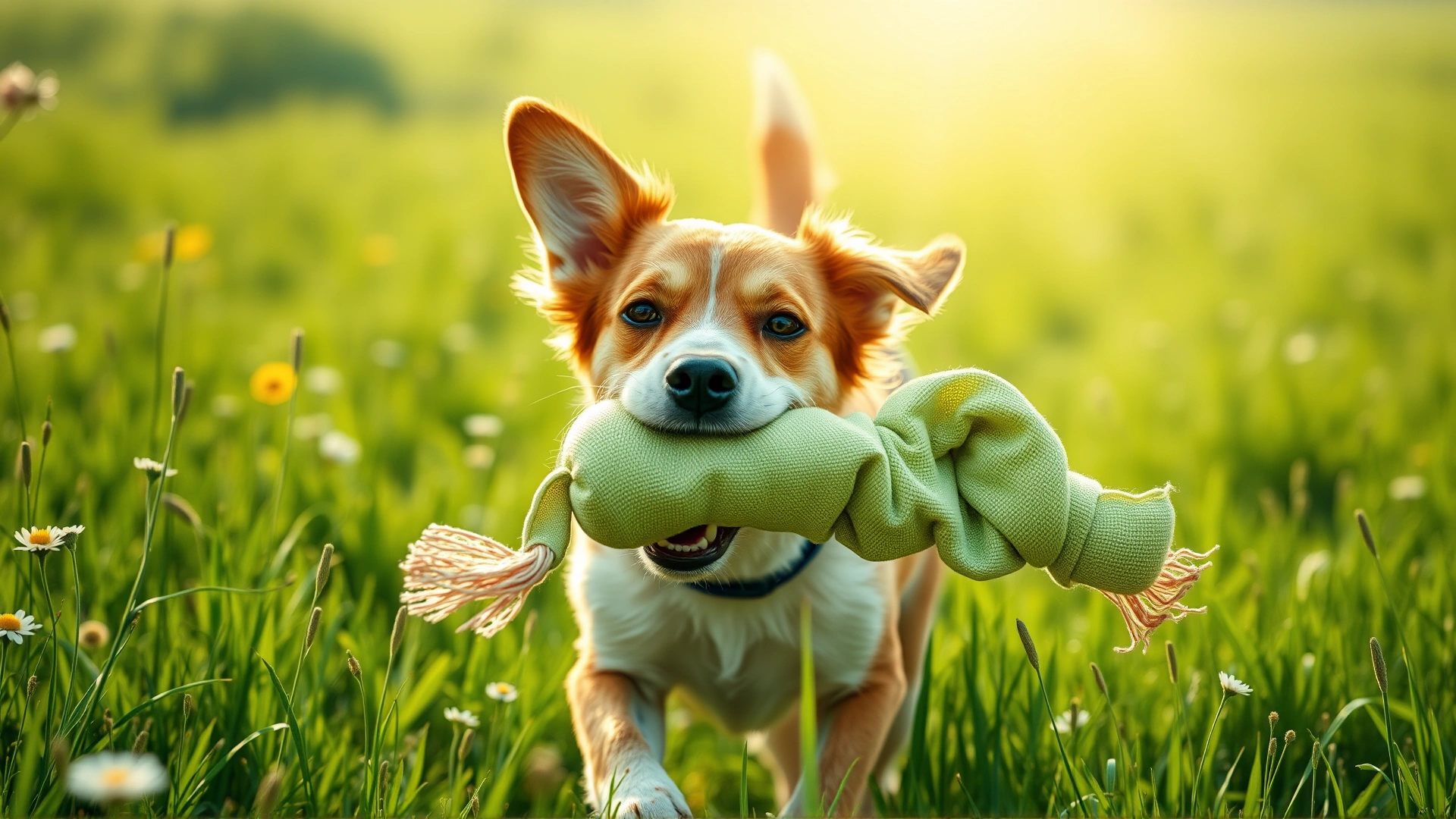 Wide shot of a happy dog running through a sunlit meadow carrying a recycled fabric toy in its mouth; fresh green tones emphasize sustainability