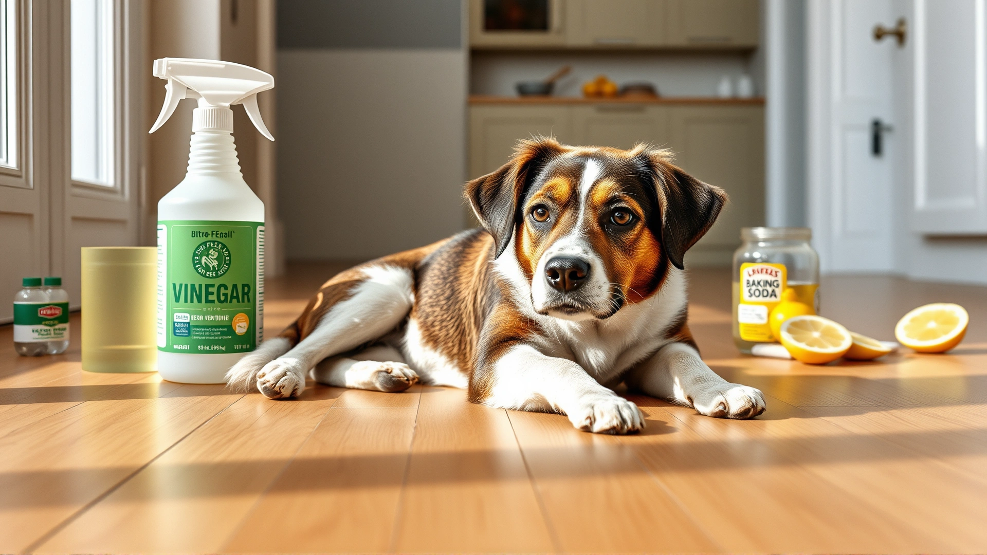 Dog lying on a spotless wooden floor with eco-friendly cleaning products (spray bottle of vinegar, baking soda jar, lemon slices) in the background, shot in natural daylight, conveying cleanliness and safety.