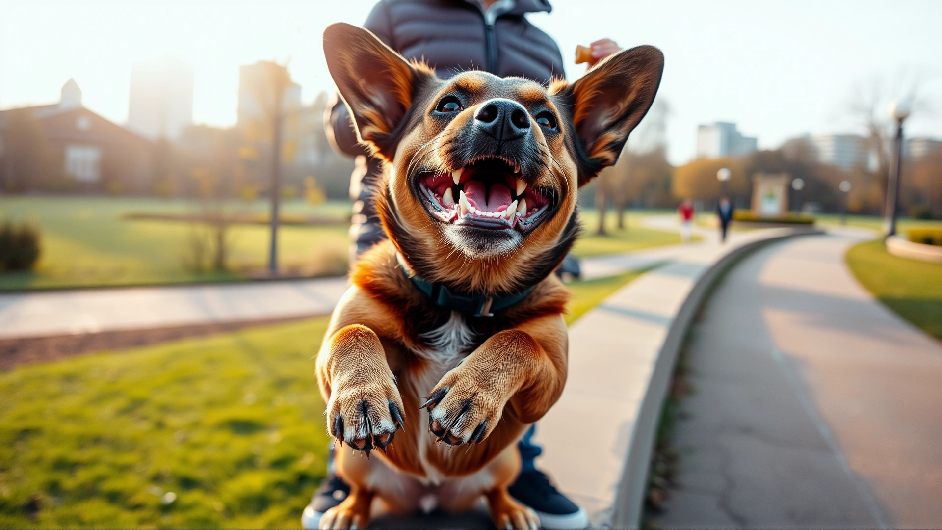 Wide-angle shot of a happy dog balancing with two paws on a low concrete wall in a city park at sunrise; owner smiling in the background holding a treat