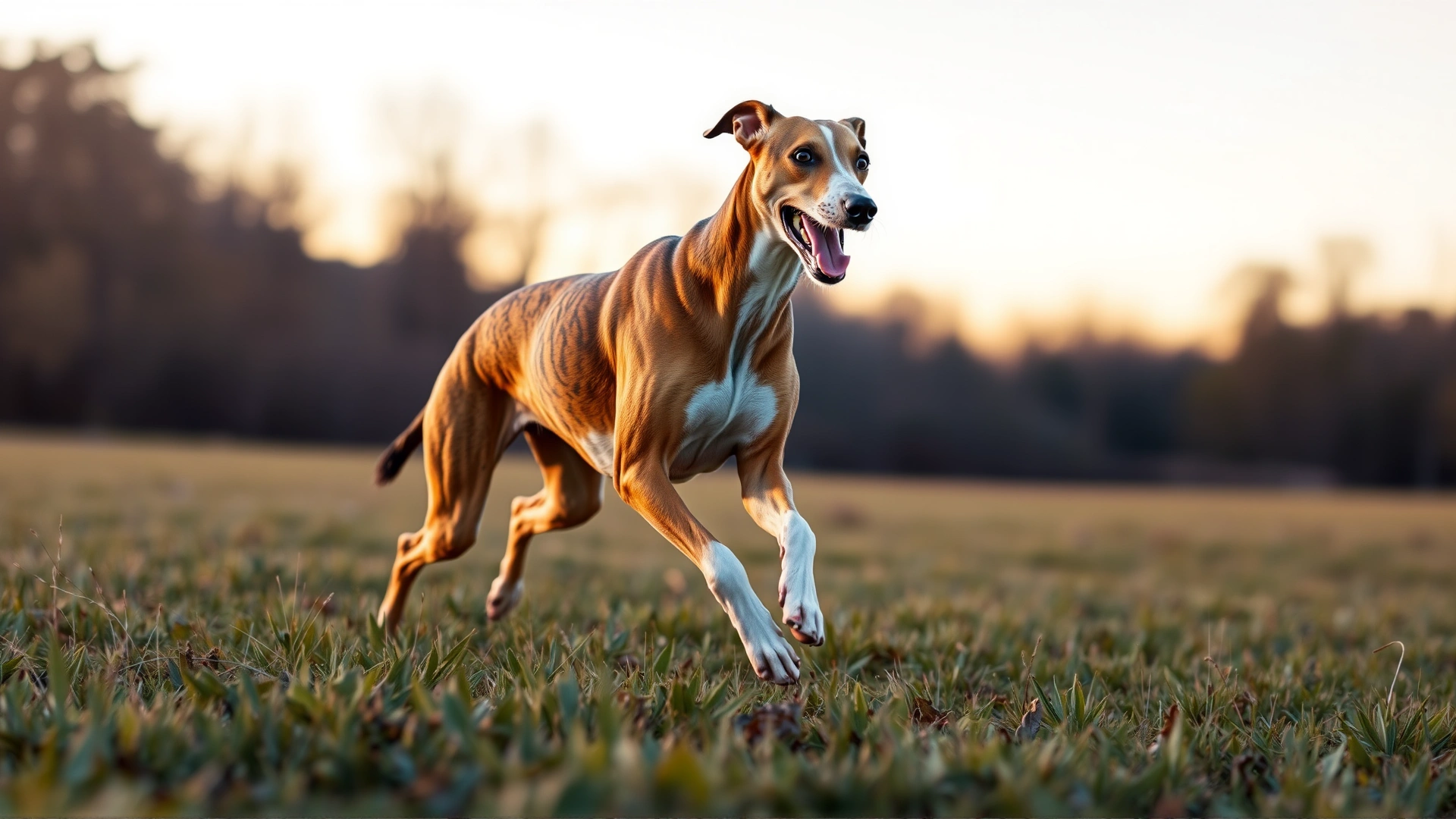 A panoramic shot of a retired racing greyhound happily running across a grassy field during sunset, blurred background for dynamic feel.