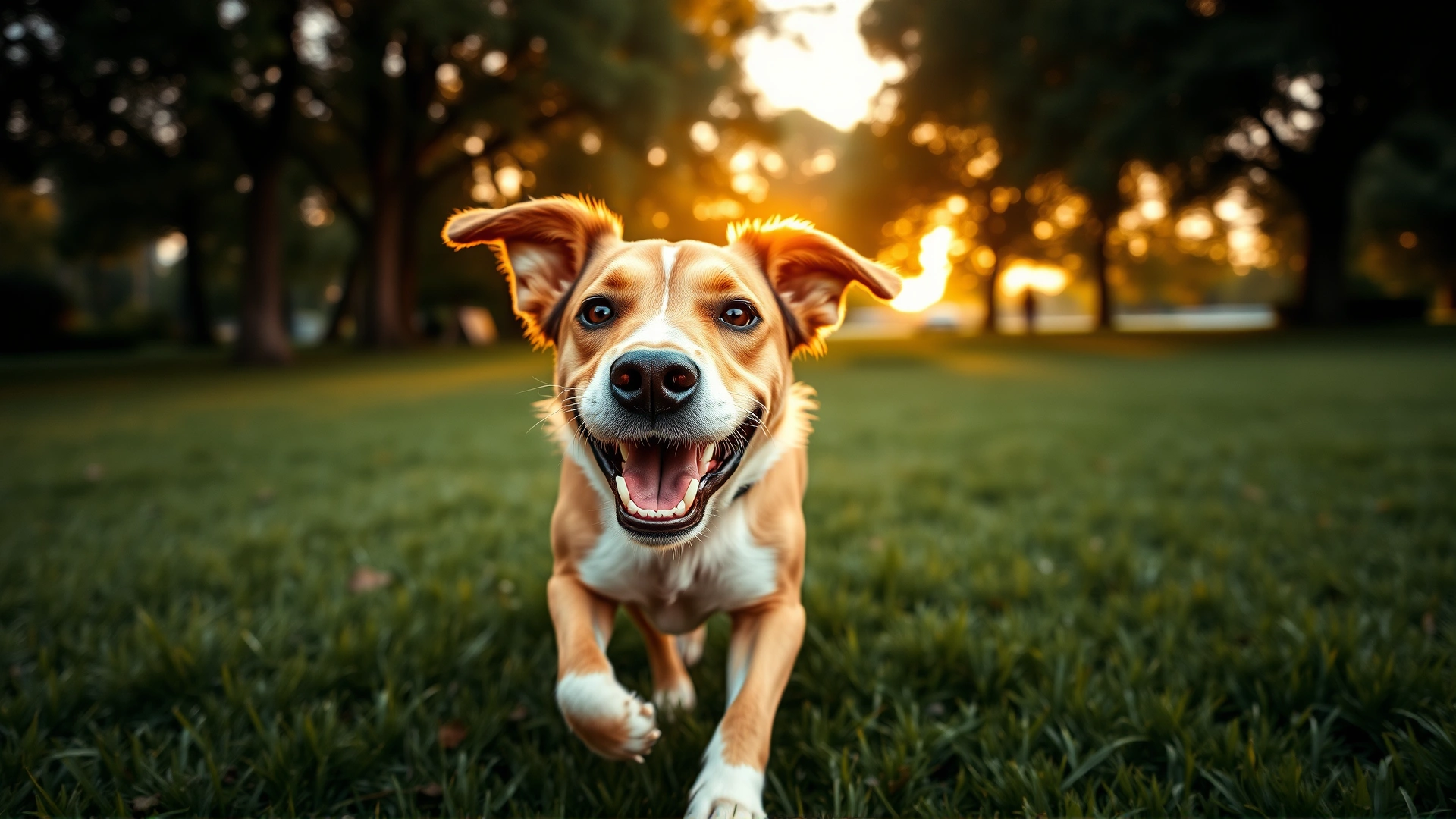 Wide-angle shot of a smiling dog running toward the camera in a grassy park during golden hour, conveying freedom and individuality.