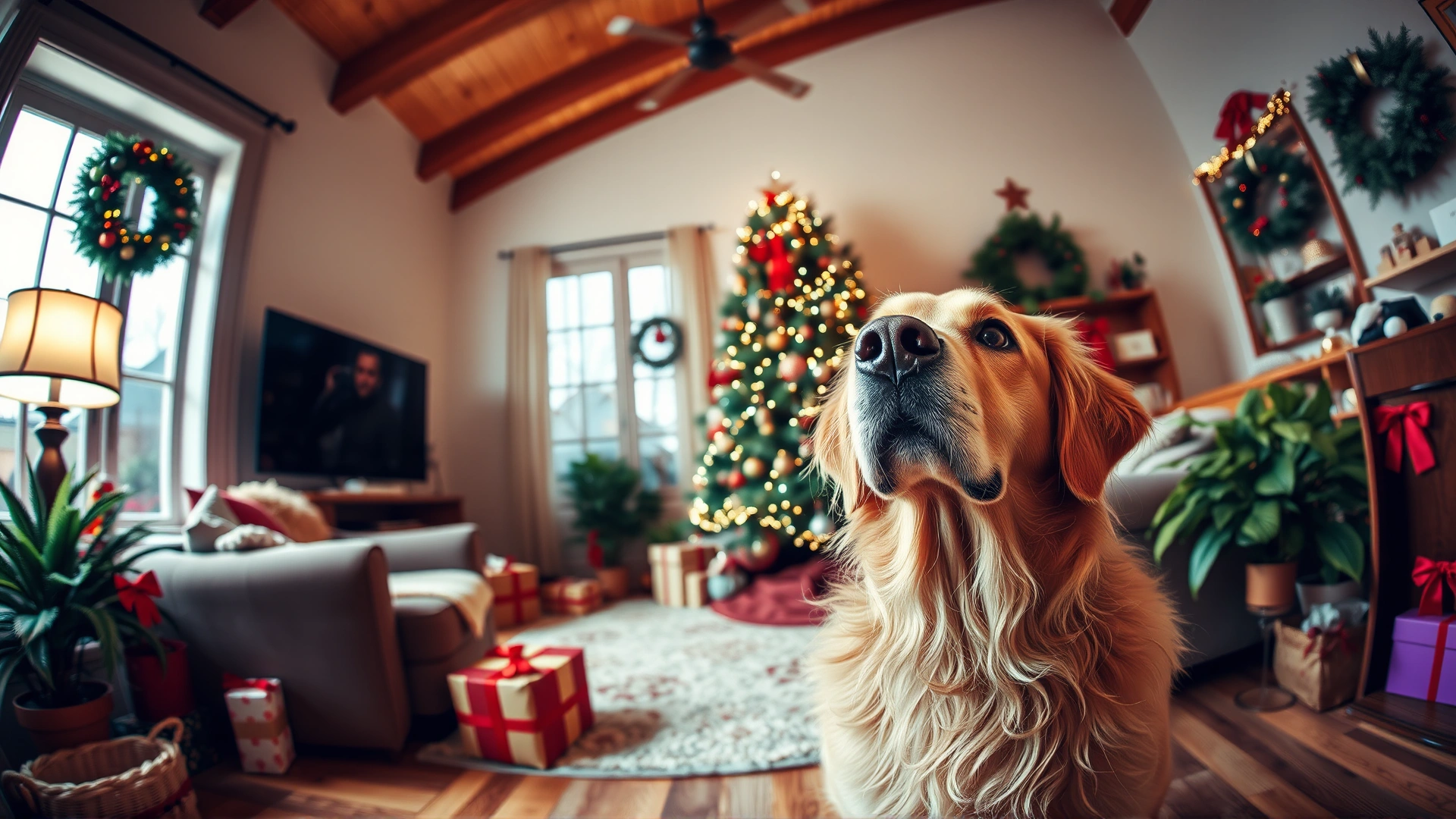 Wide-angle shot of a cozy Christmas living room with a decorated tree, various holiday plants around, and a golden retriever looking up inquisitively.