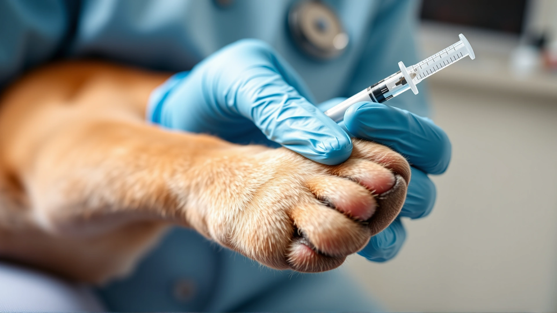 Close-up of a veterinarian’s gloved hands gently holding a dog’s paw while inserting a syringe to draw blood, with soft natural lighting and a blurred clinic background.