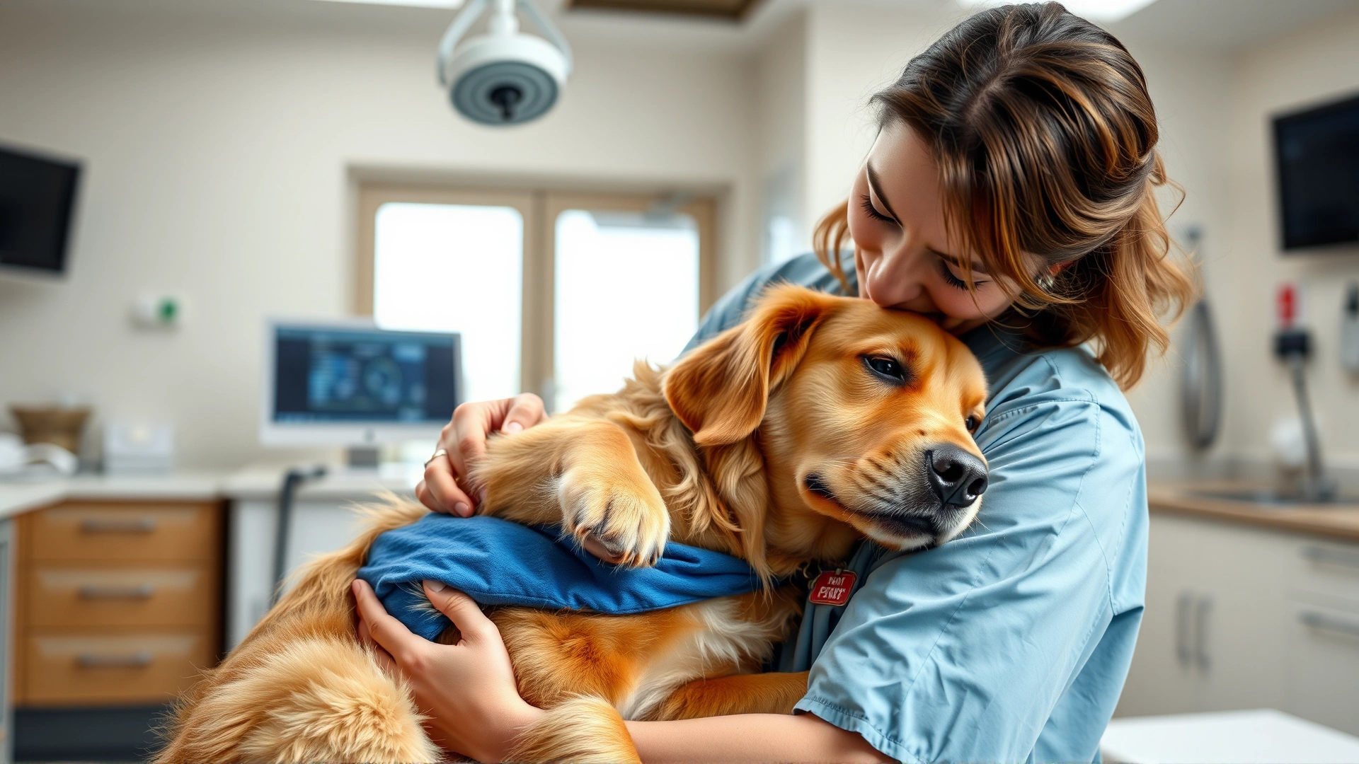 An attentive veterinarian in scrubs gently holding a pregnant Golden Retriever in a bright, modern clinic; conveys warmth and care before a canine C-section.