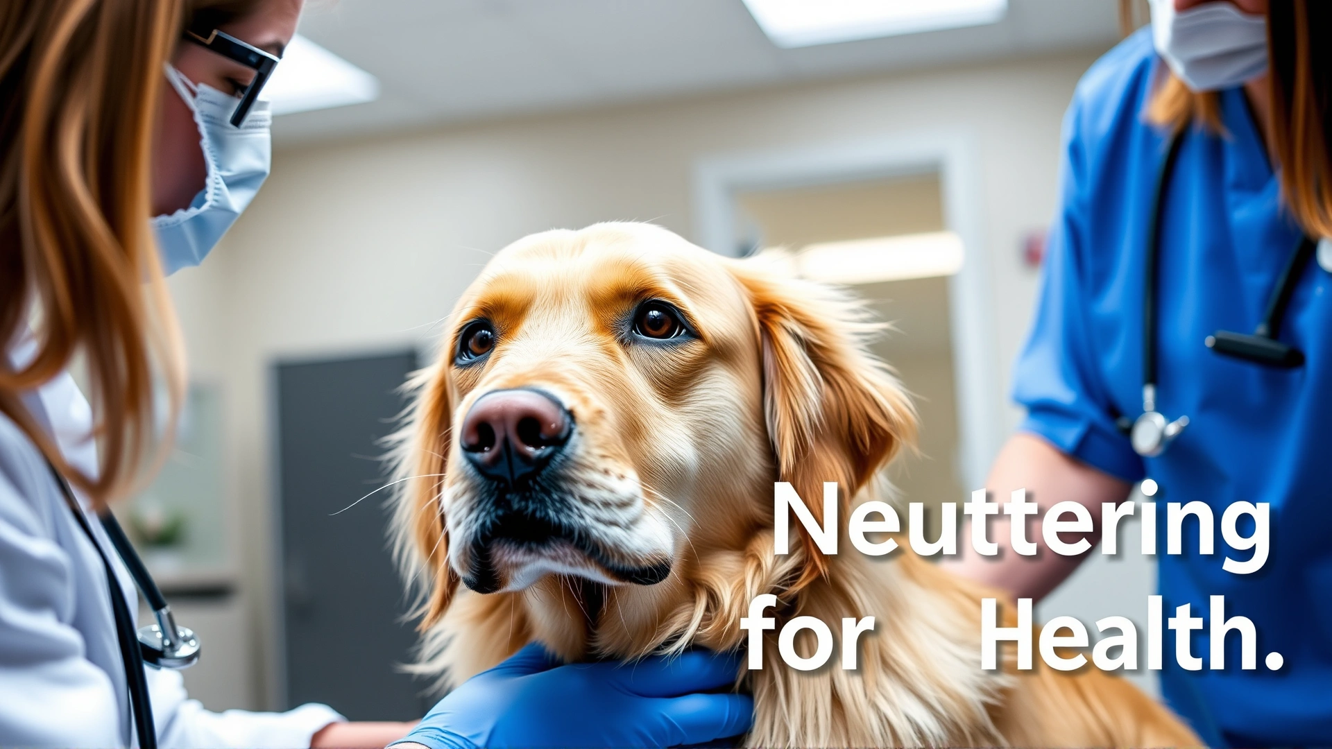 Golden retriever being examined by a veterinarian in a clean, well-lit clinic; the dog looks calm and healthy, representing the overall theme of neutering for health.