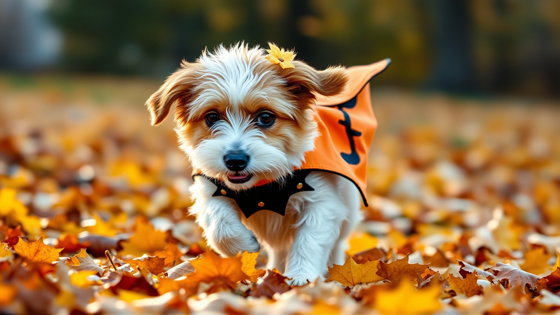 Wide shot of a dog wearing a playful yet simple Halloween cape, running through fallen autumn leaves with soft evening light