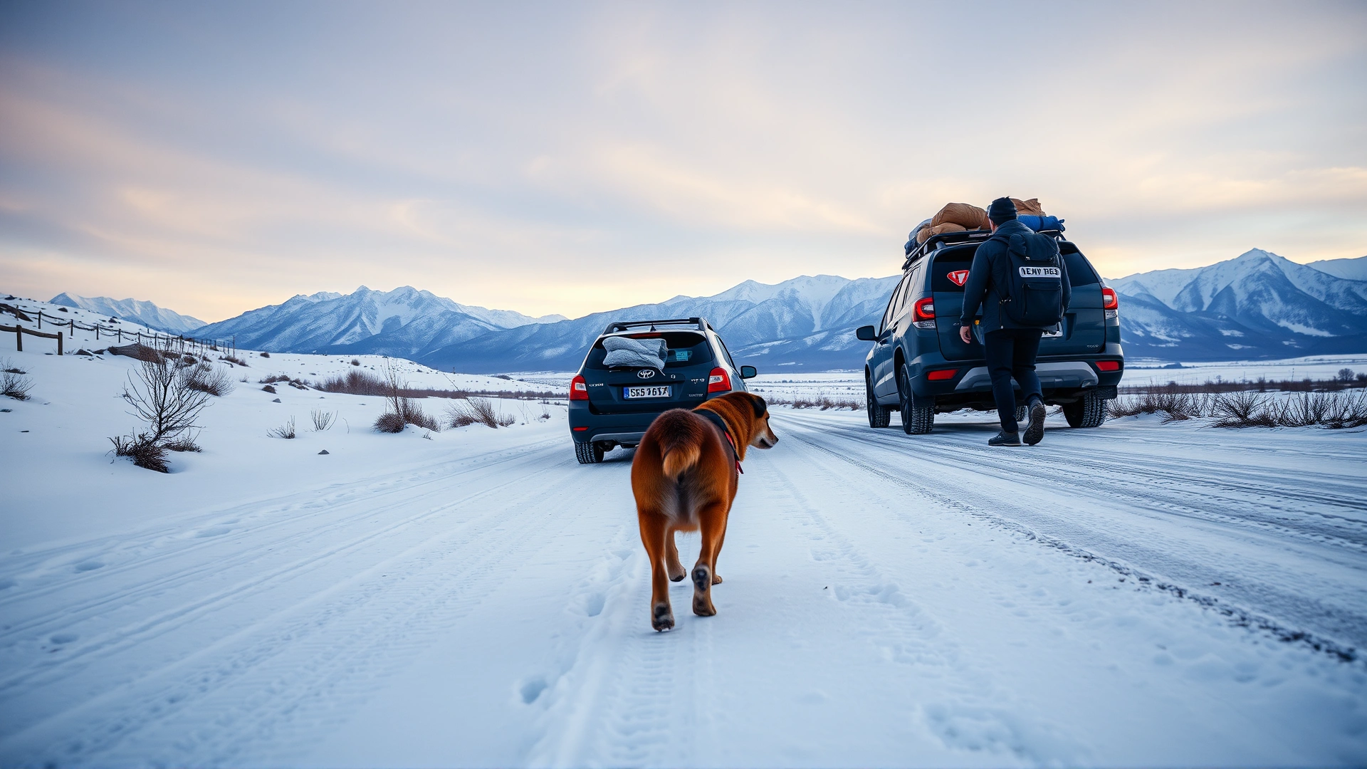 Wide-angle shot of a dog and its owner walking on a snowy road with a packed car in the background; soft morning light, mountains in the distance; conveys the theme of winter travel