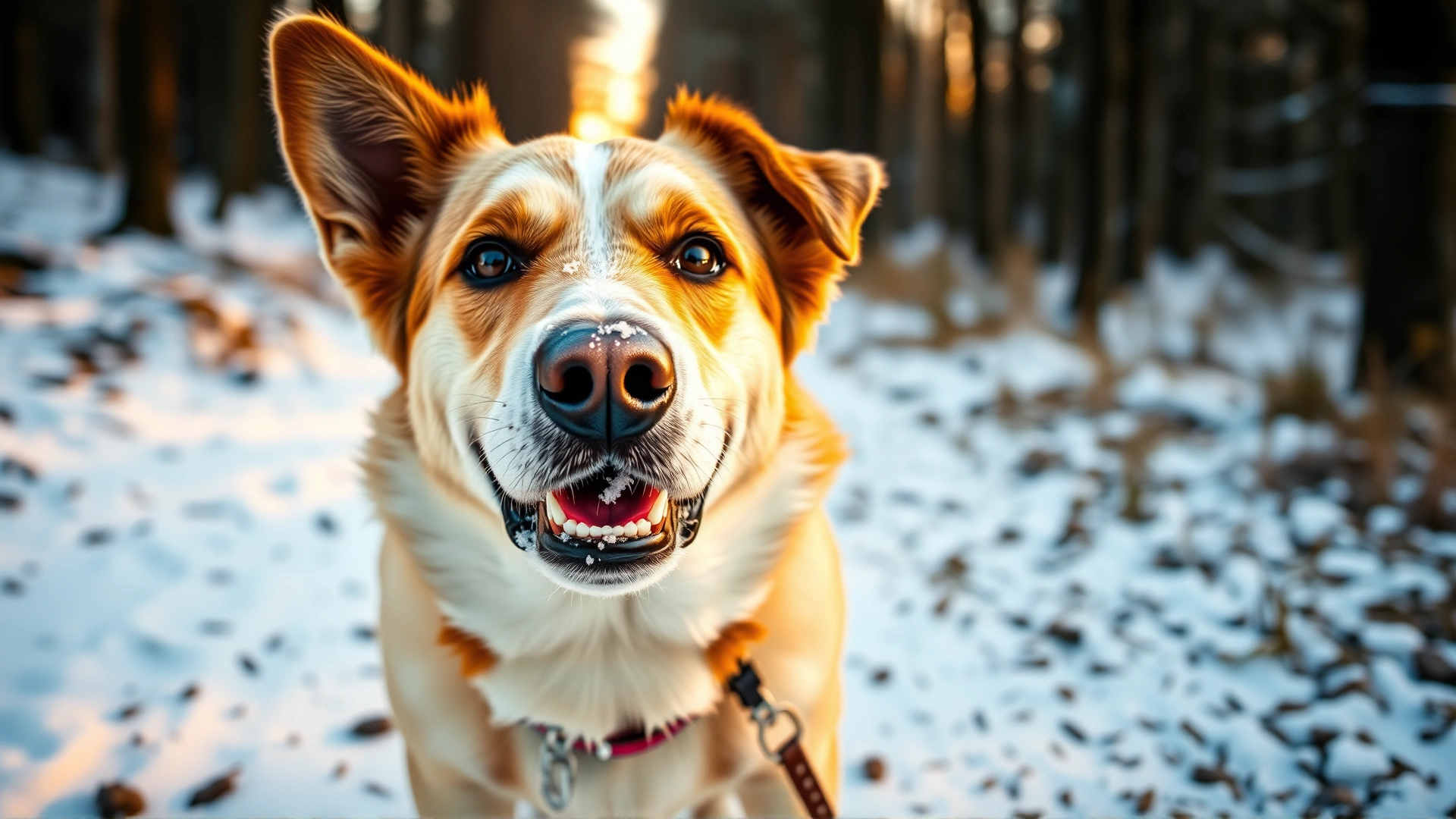 Close-up of a happy dog with snowflakes on its muzzle, standing in a winter forest path during golden hour.