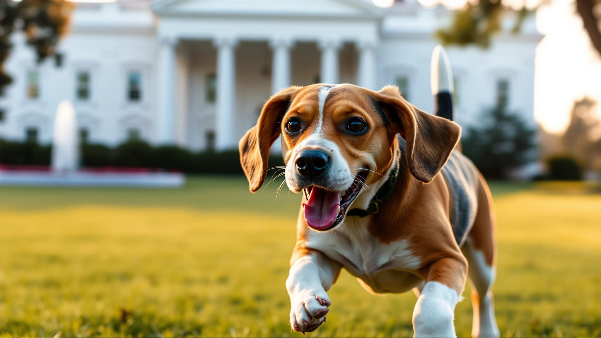 Playful beagle running across the South Lawn of the White House with the building in soft focus behind, warm afternoon light.
