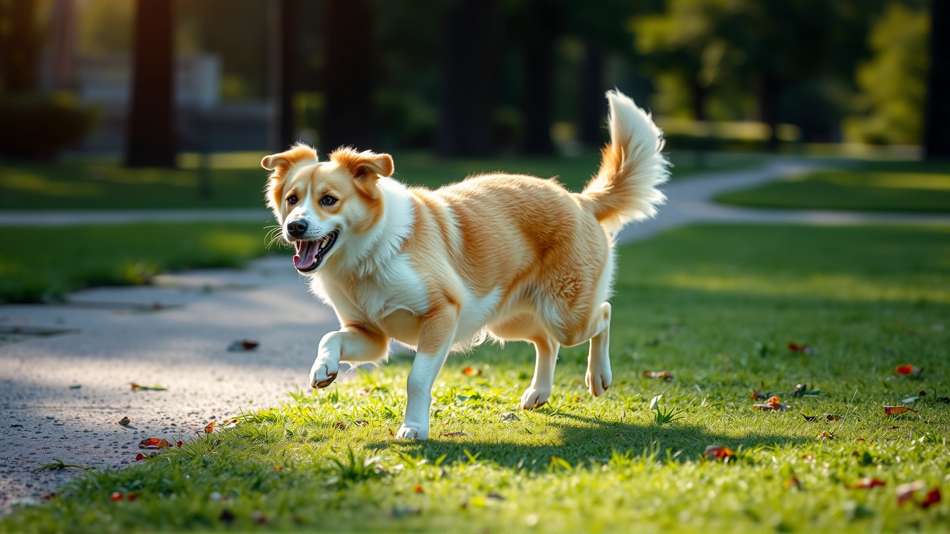 A playful dog stretching its back while running in a sunlit park, capturing energy and health.