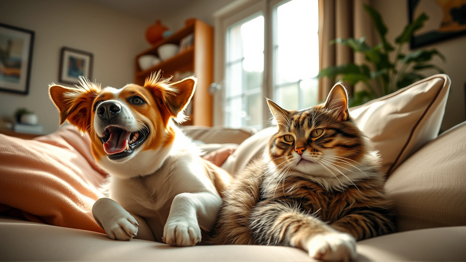 Wide shot of a cheerful dog and cat sharing the same sofa with a faint puff of gas, bright natural light, cozy living room