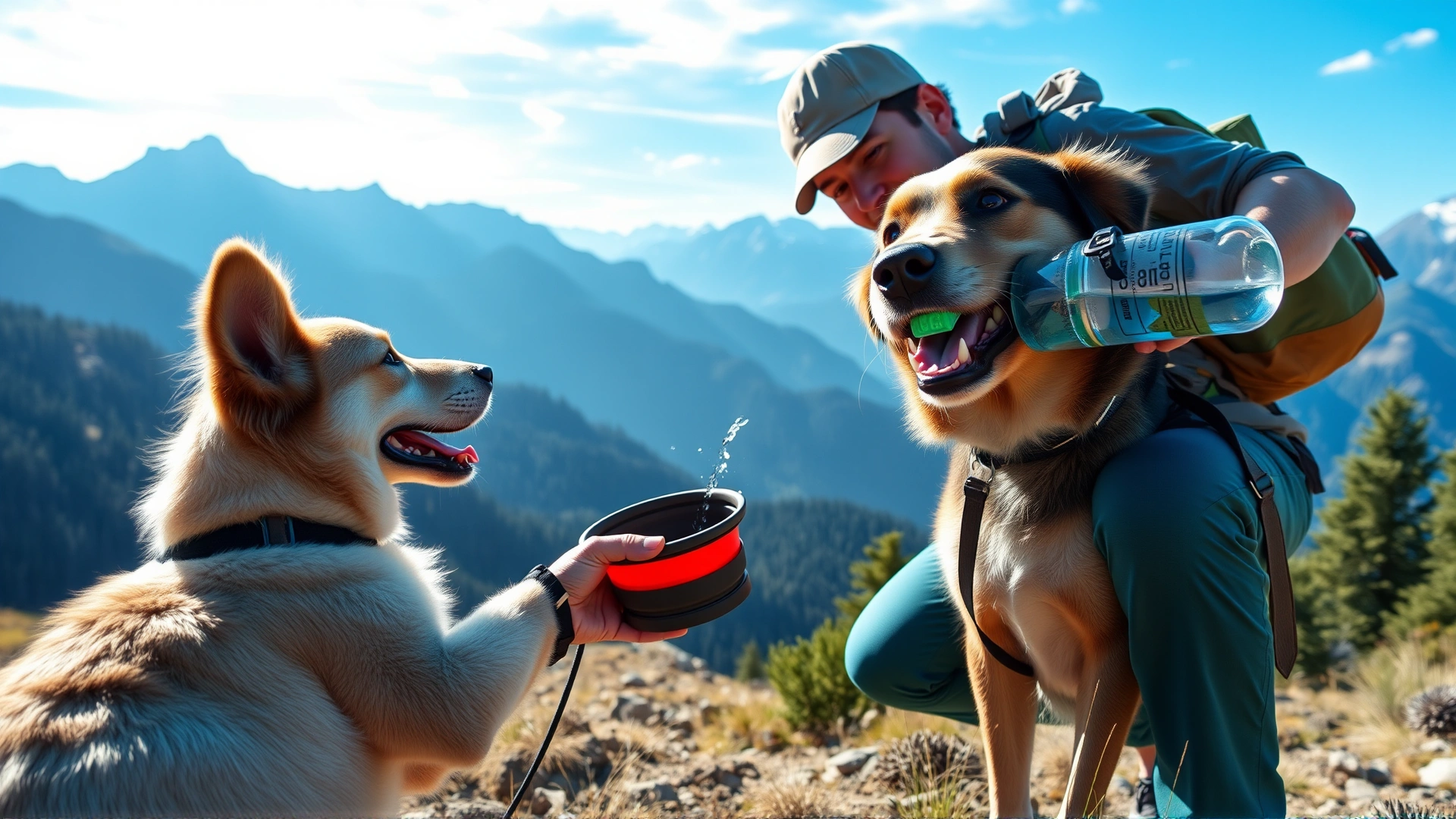 Wide-angle shot of a healthy dog and its owner on a hike, owner pouring clean water from a portable bottle into a collapsible bowl, mountains in background, bright and optimistic mood, no text