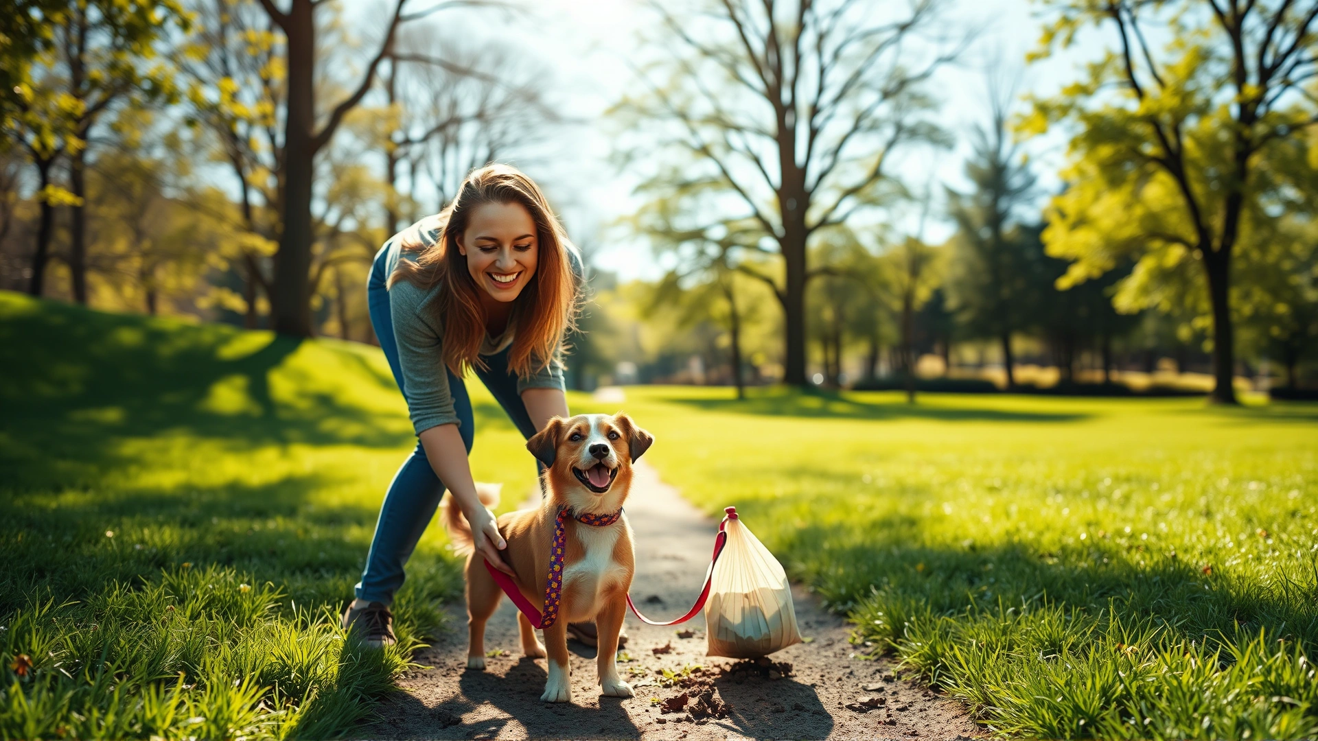 Wide shot of a cheerful woman in a sunlit park bending to pick up her small dog's poop with a colorful leash and a compostable bag in hand; fresh green grass and trees in background.