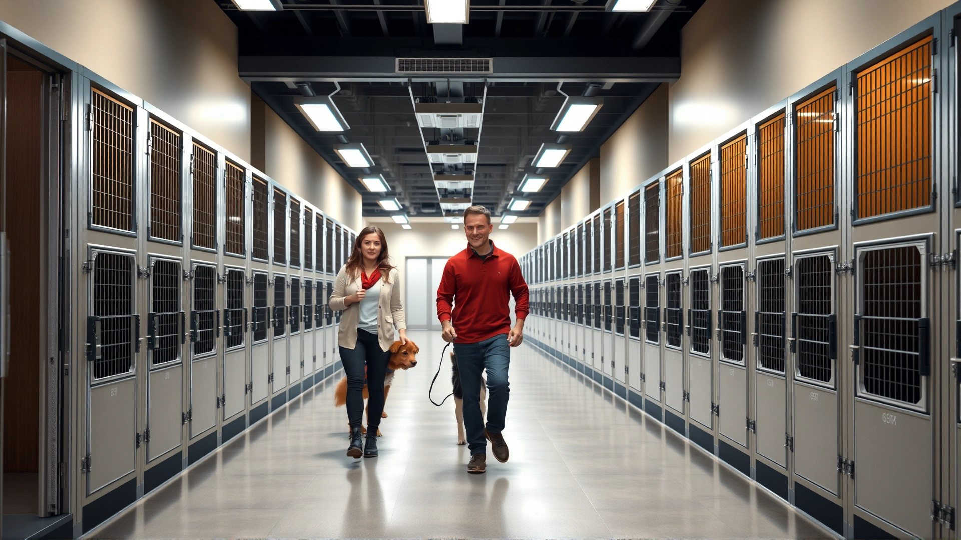 Wide-angle shot of a modern, well-lit dog boarding facility corridor with clean kennels on both sides; a happy dog walking with its owner in the center.