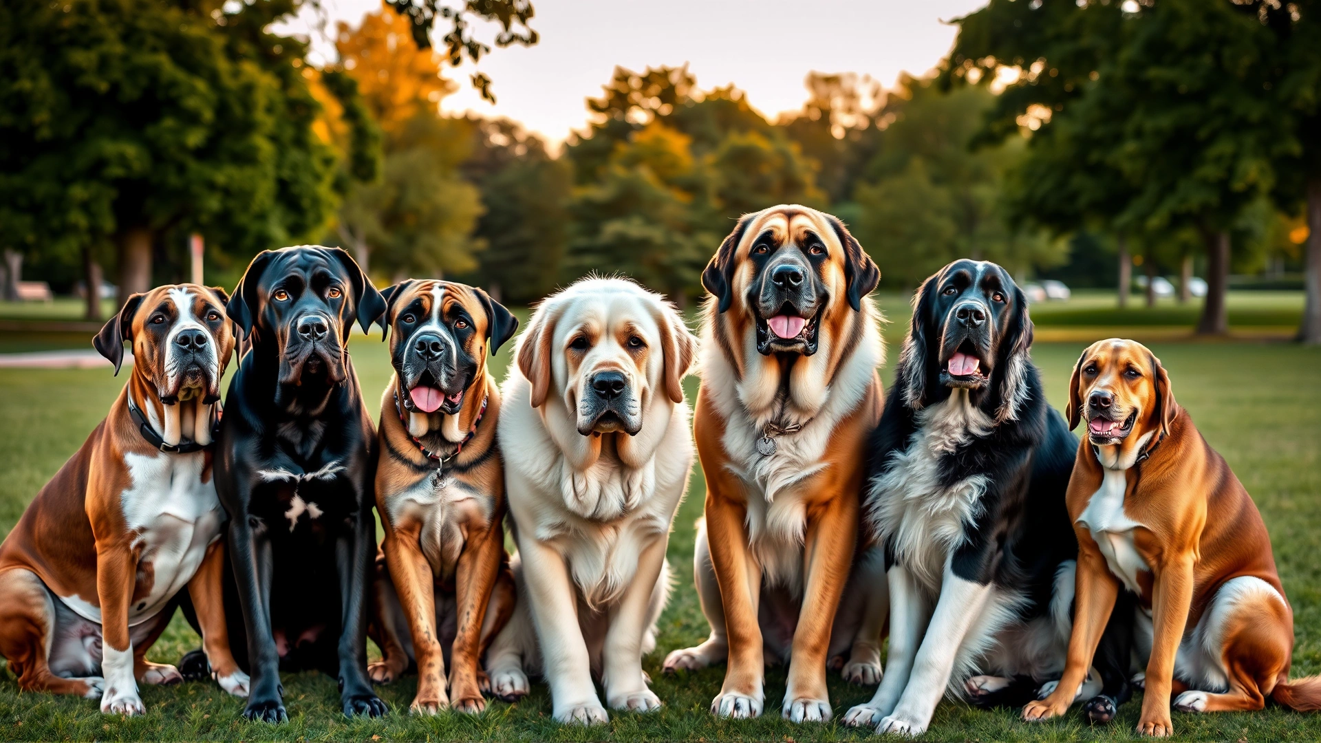 Group photo of various giant dog breeds (Great Dane, Mastiff, St. Bernard, Irish Wolfhound) sitting together in a park during golden hour, friendly atmosphere, no text.