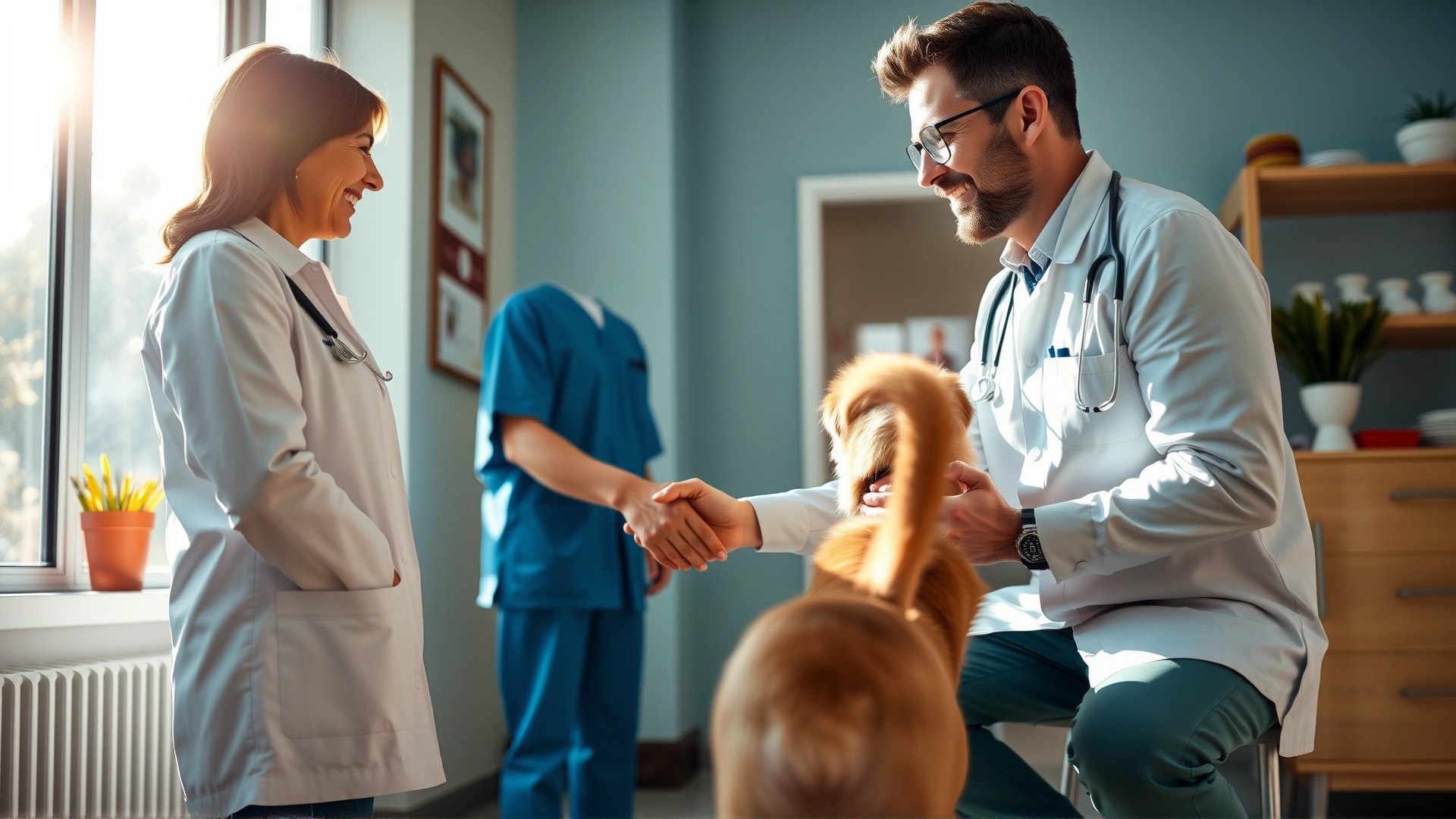 Wide-angle shot of a cheerful dog owner shaking hands with a veterinarian inside a sun-lit clinic, with the dog wagging its tail between them.