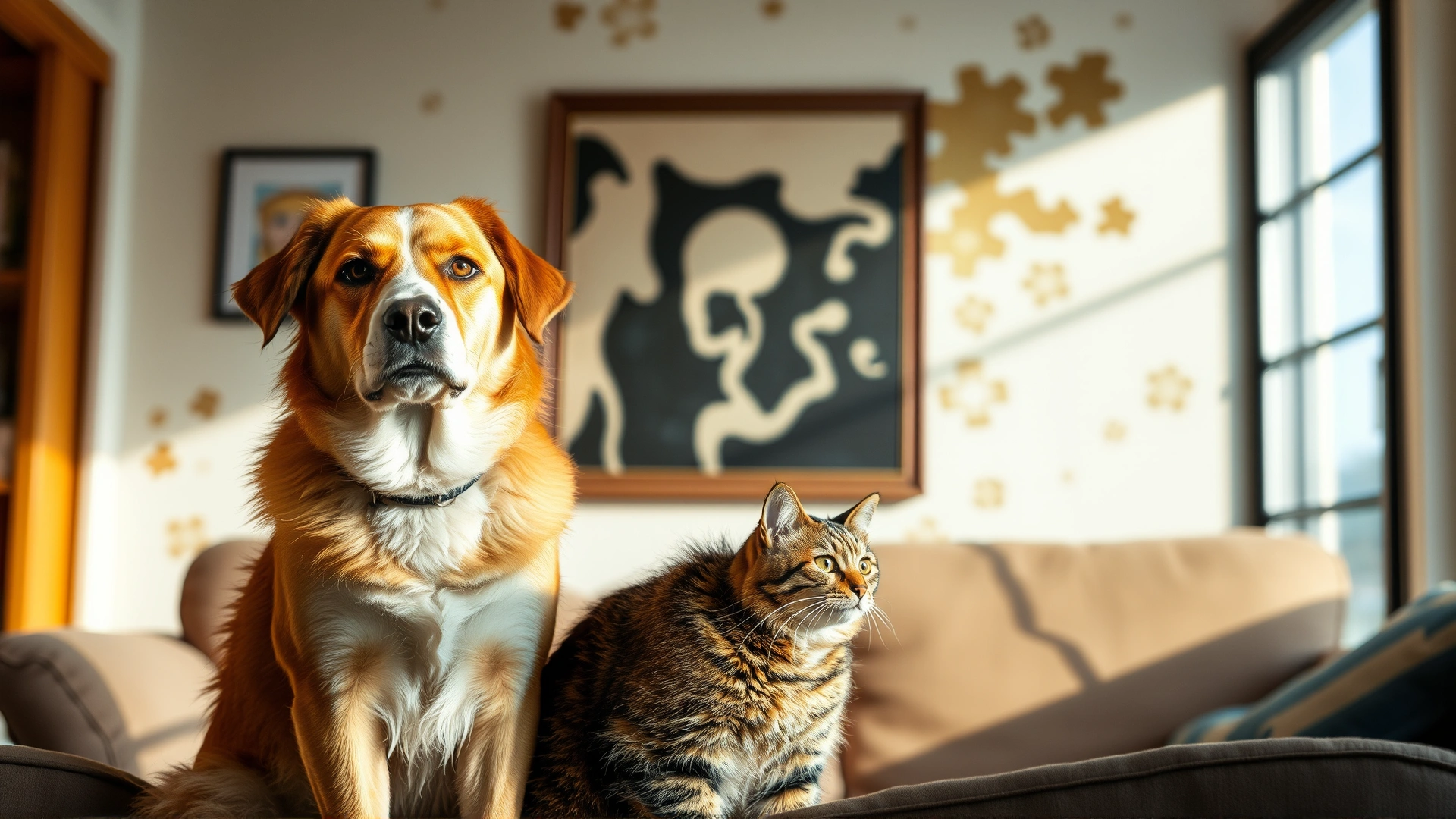 A dog and a cat sitting together in a living room with visible mold spots on the wall behind them, natural lighting