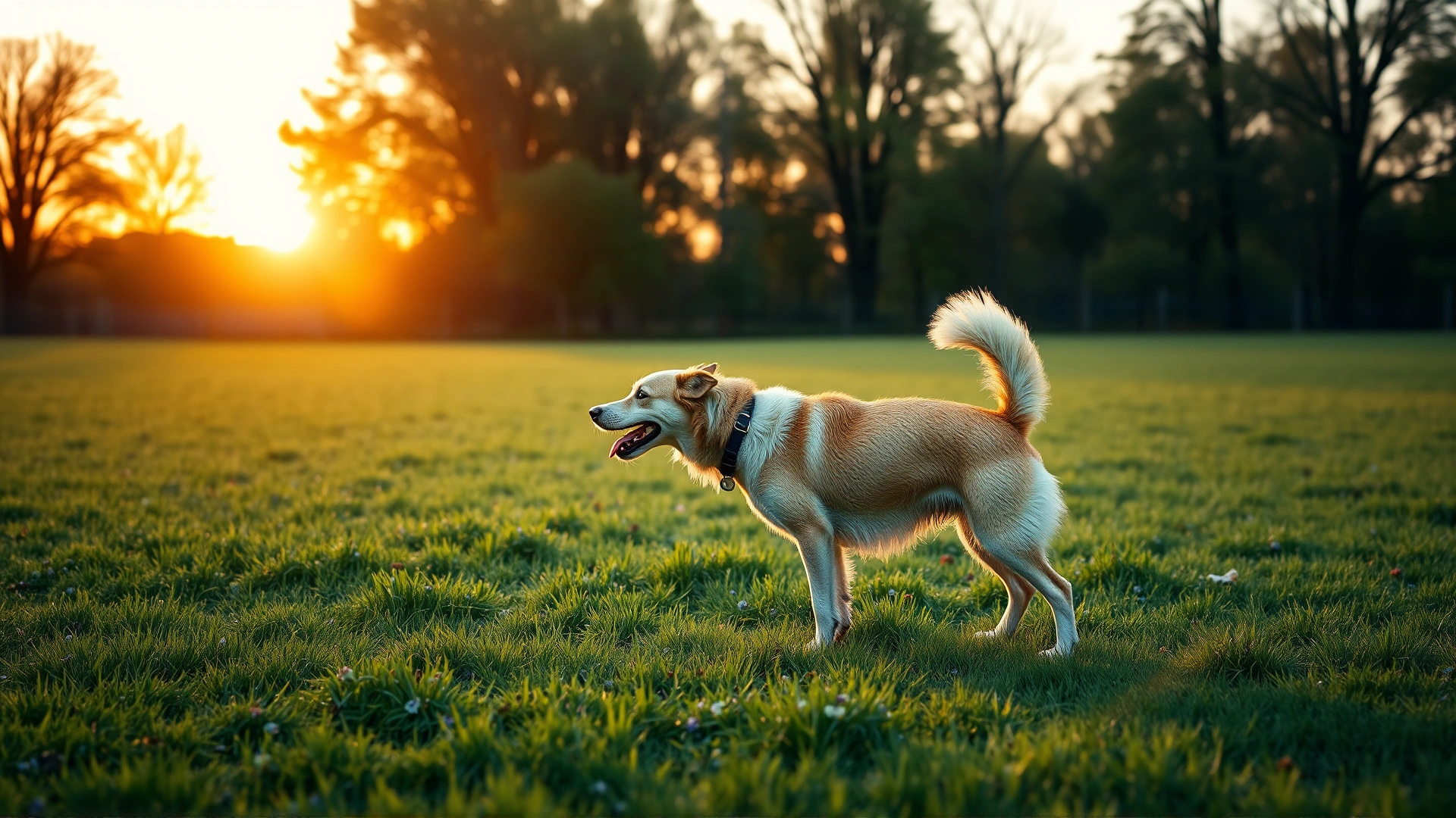 Wide panoramic shot of owner and dog playing together in an open green field at sunset, warm backlighting, evokes bonding and training atmosphere