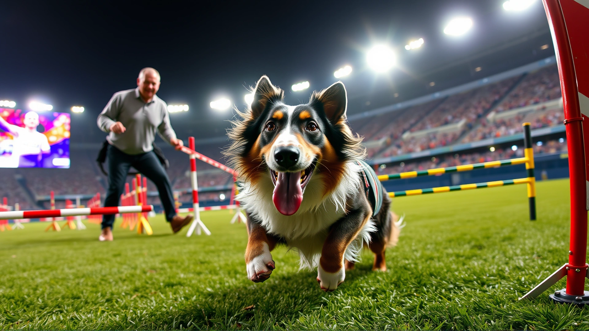 Wide angle photo of an energetic dog and handler starting an agility course, with vivid obstacle colors and stadium lighting in the background.