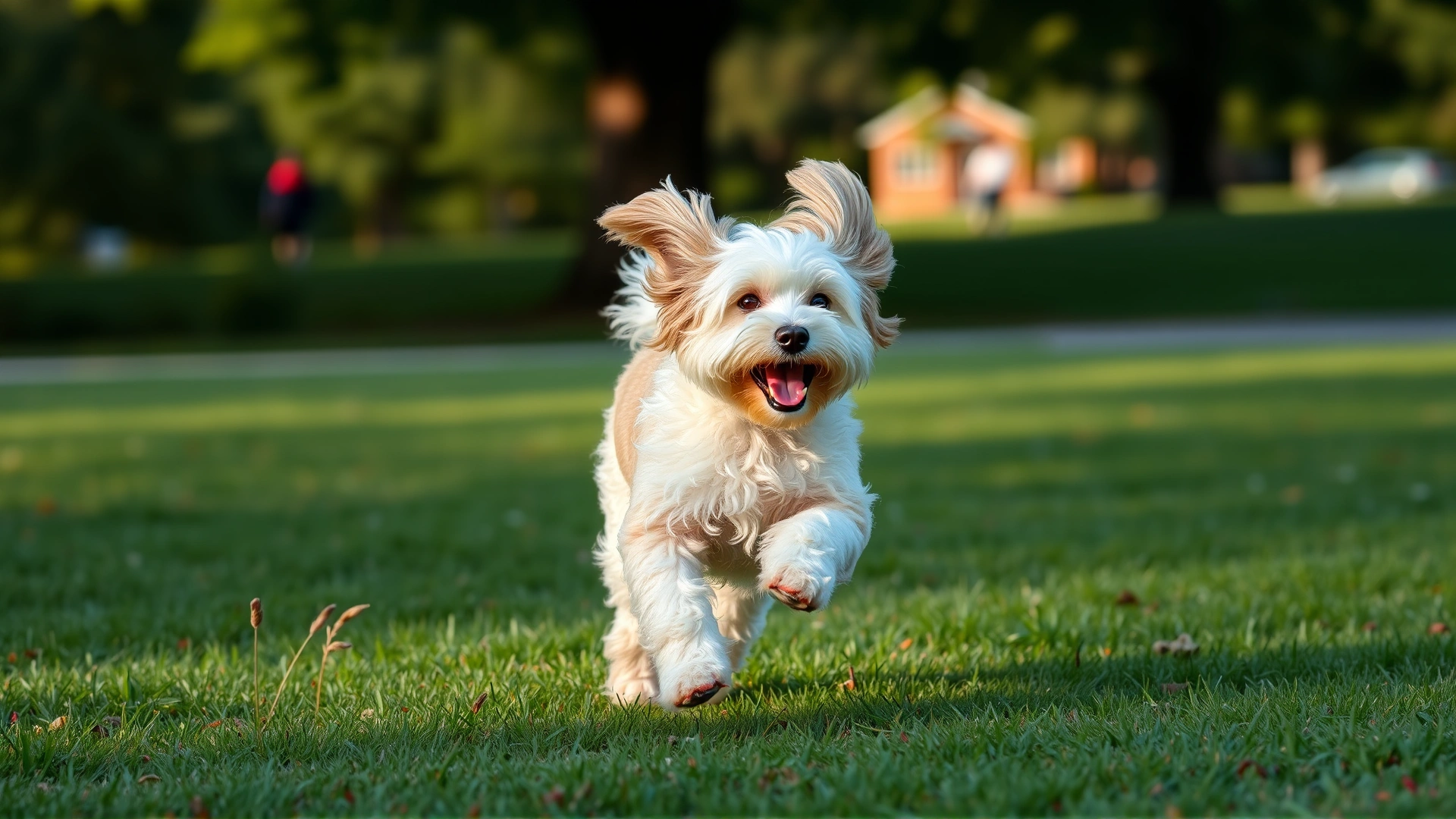 Adult Cockapoo running joyfully through a sunlit grassy park, ears flapping.