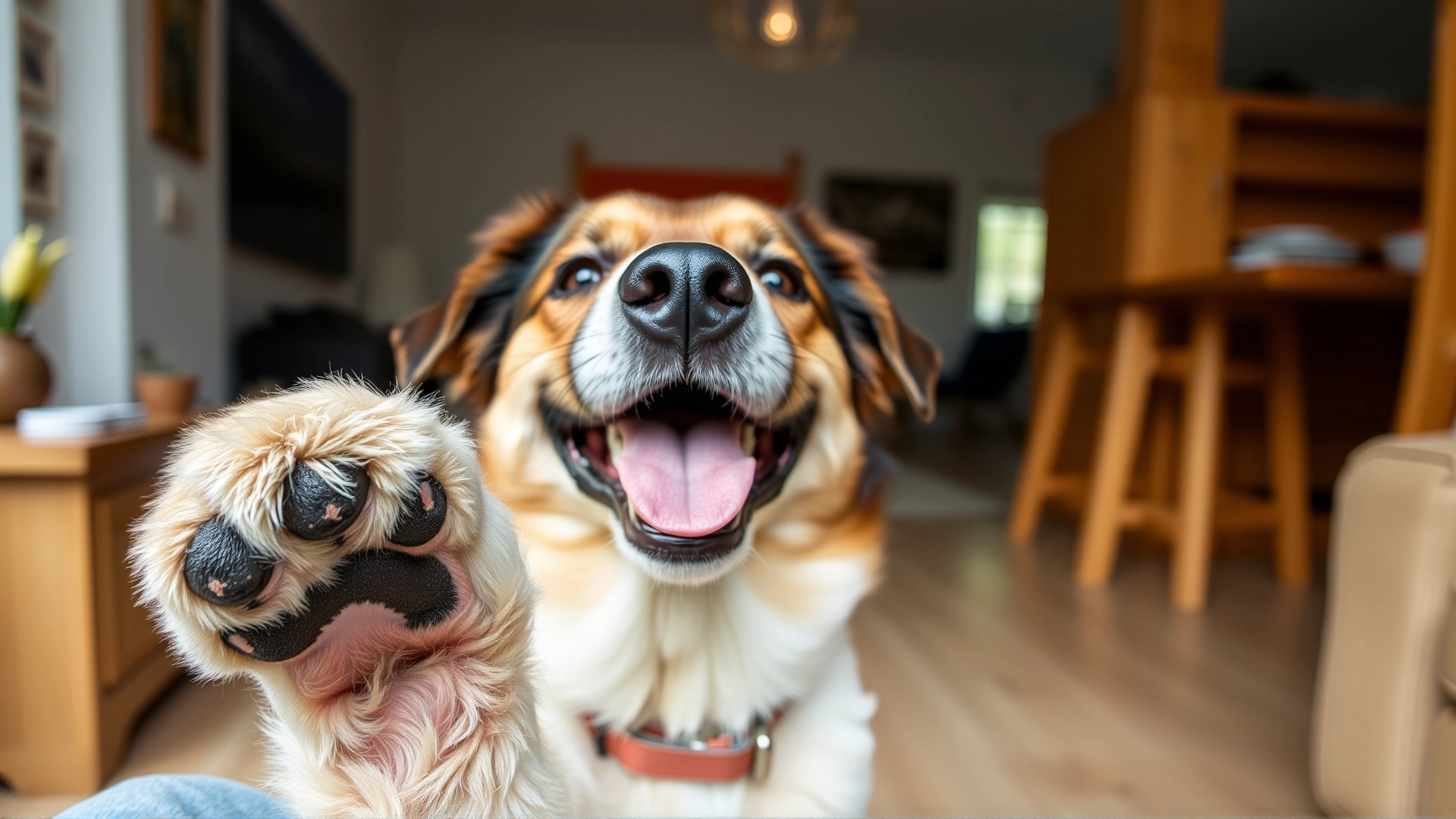 Close-up of a happy medium-sized dog offering its paw to the hand of its owner indoors, bright and inviting atmosphere.