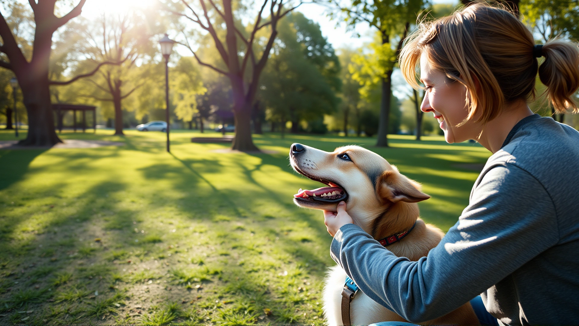 Wide-angle shot of a trainer and a dog in a sunlit park engaging in a positive training session, both appearing enthusiastic and connected.