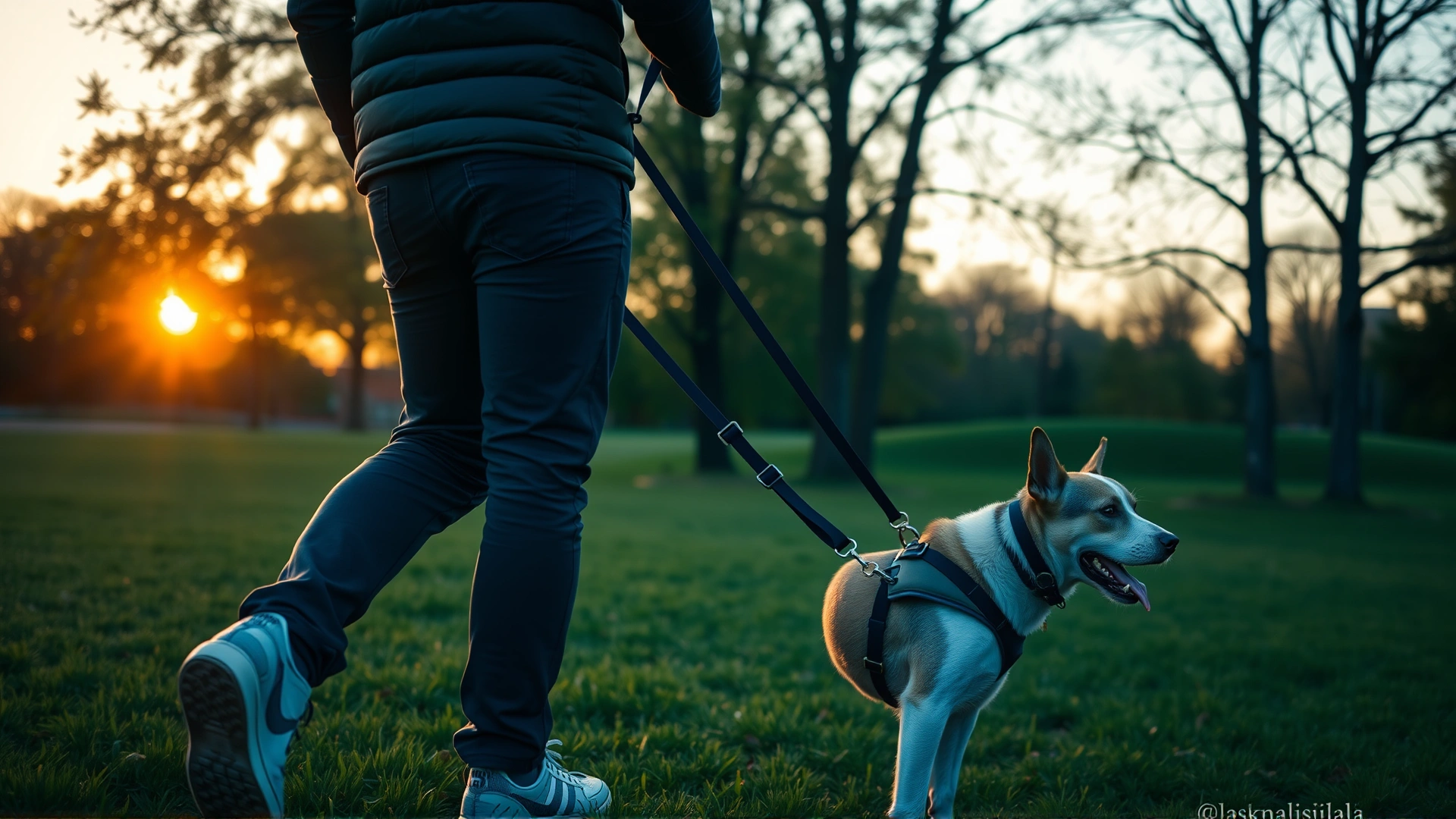 Wide shot of an owner walking a dog on a harness in a green park during golden hour, showcasing confidence and calm