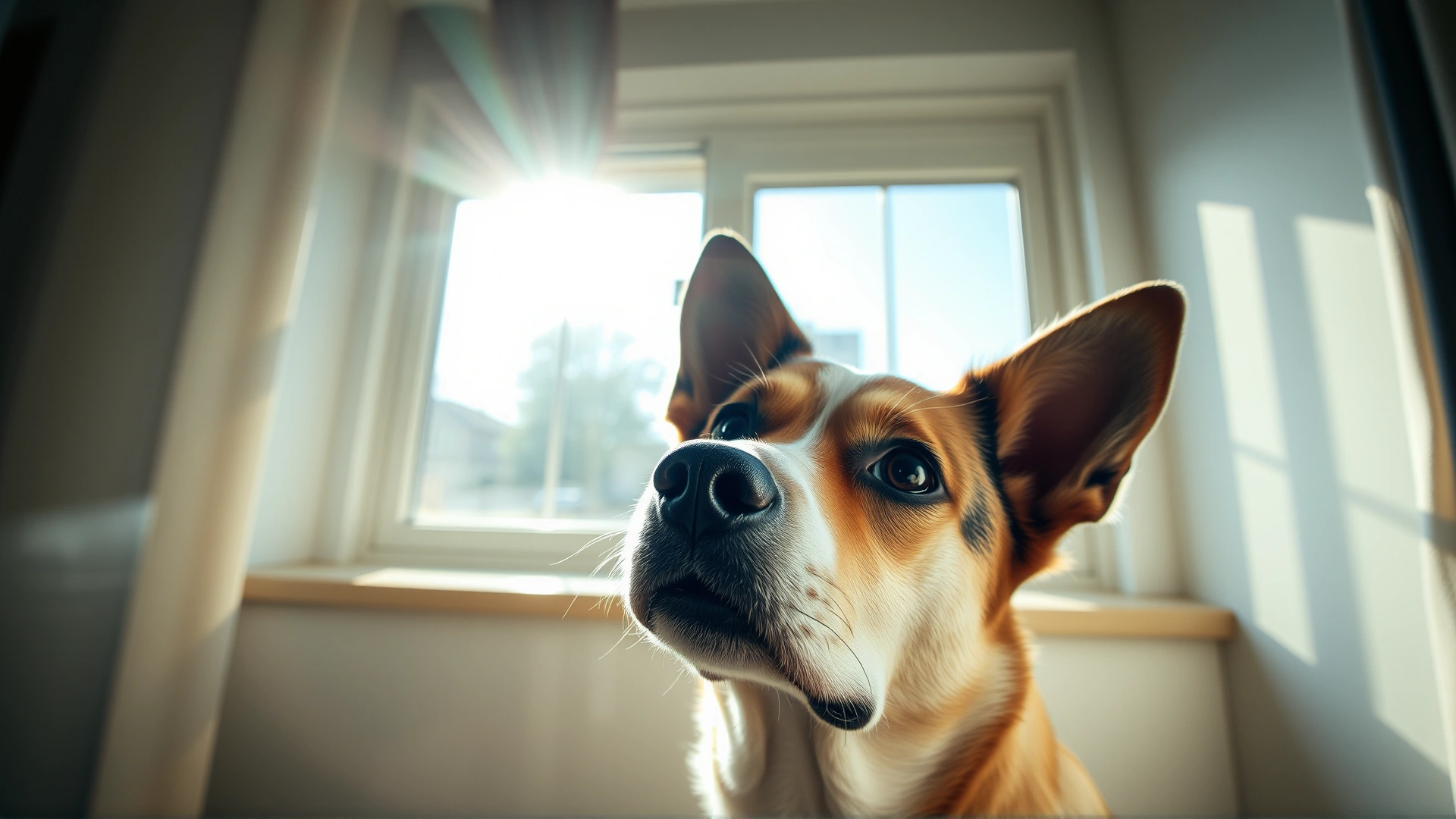 Wide-angle shot of a dog looking out a window with longing eyes, soft morning light illuminating the scene, conveying separation anxiety.