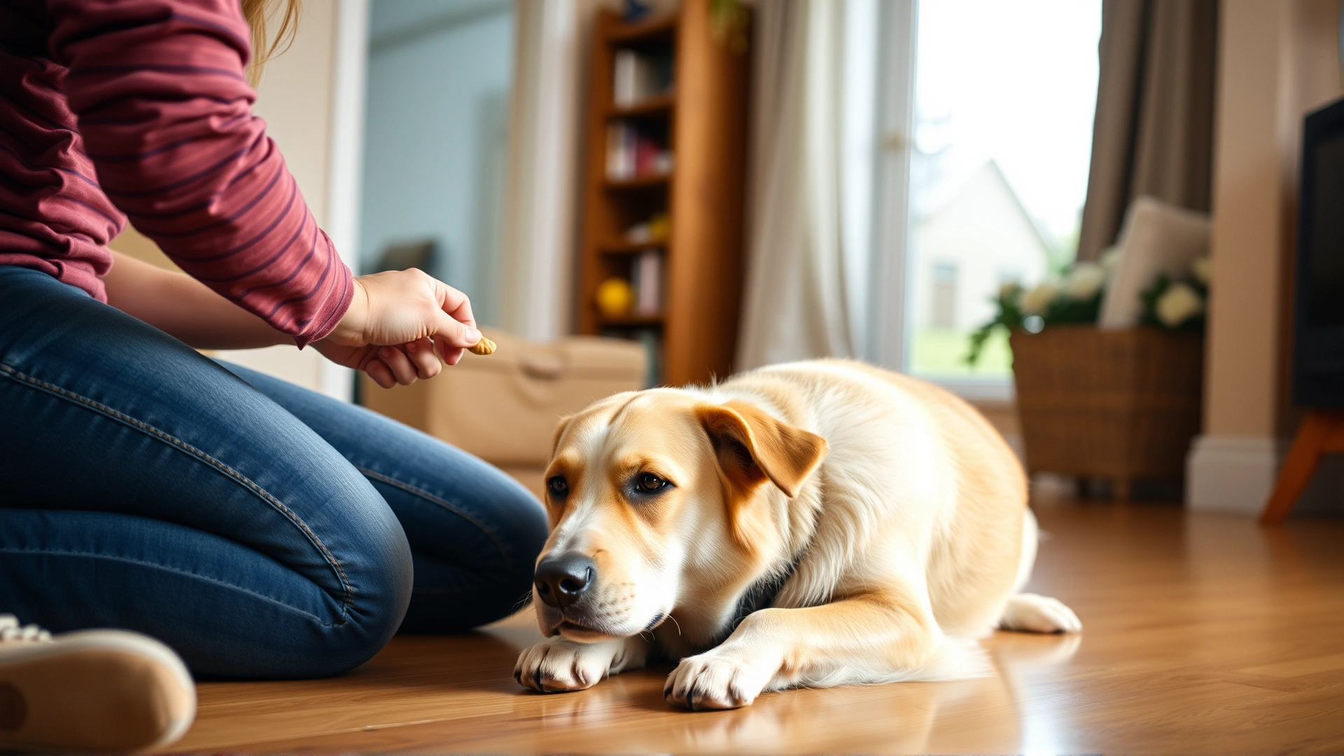 Wide-angle shot of a dog in mid-training indoors, owner kneeling and holding a treat as the dog begins to lie down, warm home environment, natural lighting, no text.